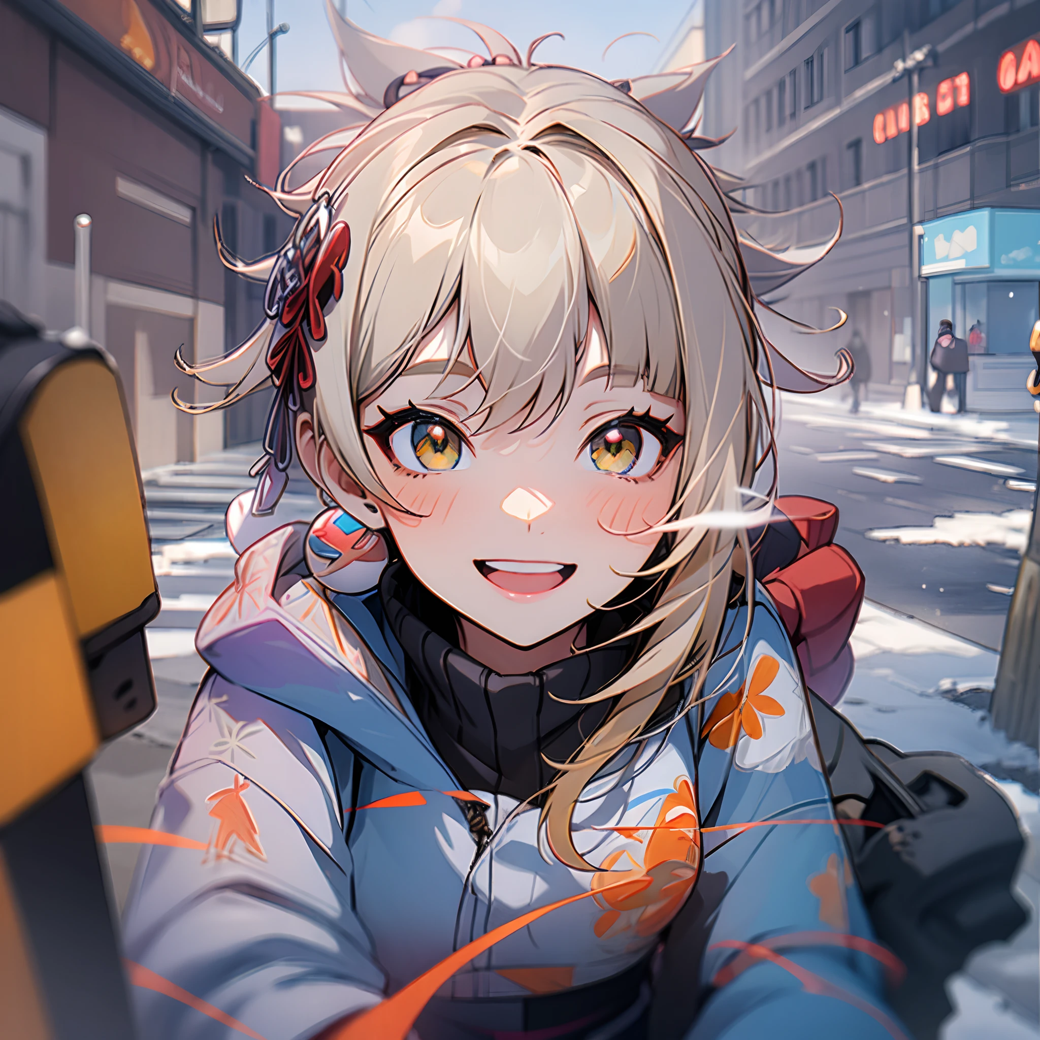 down jacket，On the streets where it snows in winter，Random actions，Random expressions，ssmile，cheerfulness，Sunny and cheerful，the original god