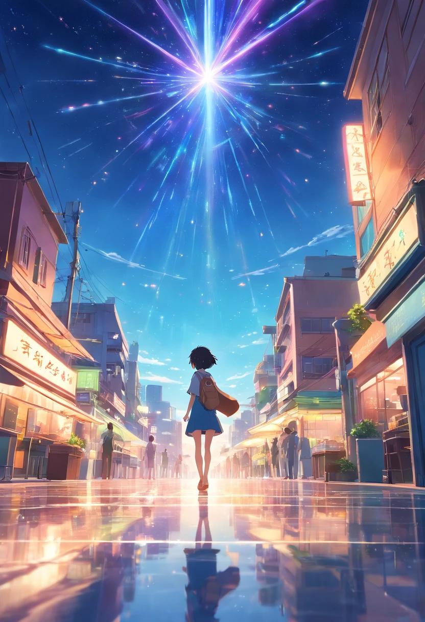 Vista distante、Paisagens、Ponto de Fuga、Outrageous resolution、alta resolução、ultra-detalhada、The top half is the sky、Below is the floor、Atmosfera Brilhante、fantasia、、、clearing blue sky、luz solar brilhando、muitas estrelas、beautiful lighting、clear lighting、soft lighting、Many bright magic lights