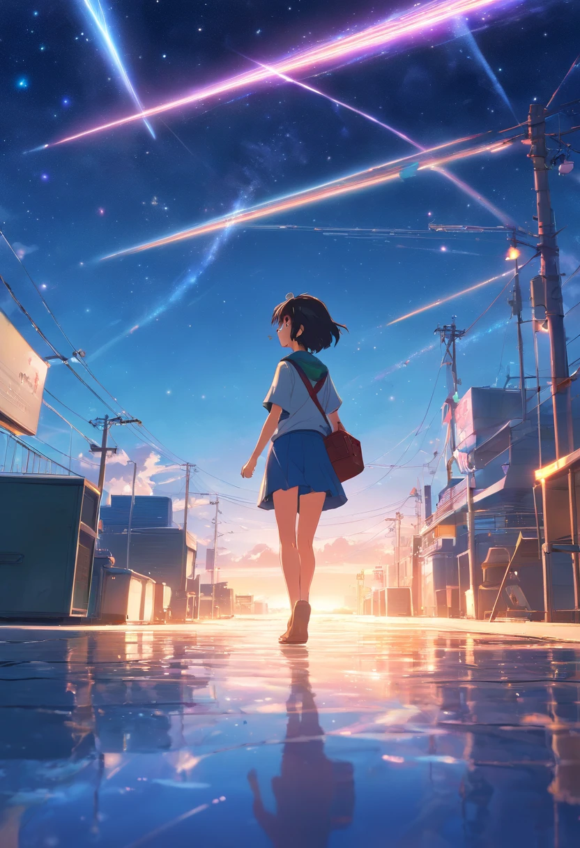 Vista distante、Paisagens、Ponto de Fuga、Outrageous resolution、alta resolução、ultra-detalhada、The top half is the sky、Below is the floor、Atmosfera Brilhante、fantasia、、、clearing blue sky、luz solar brilhando、muitas estrelas、beautiful lighting、clear lighting、soft lighting、Many bright magic lights