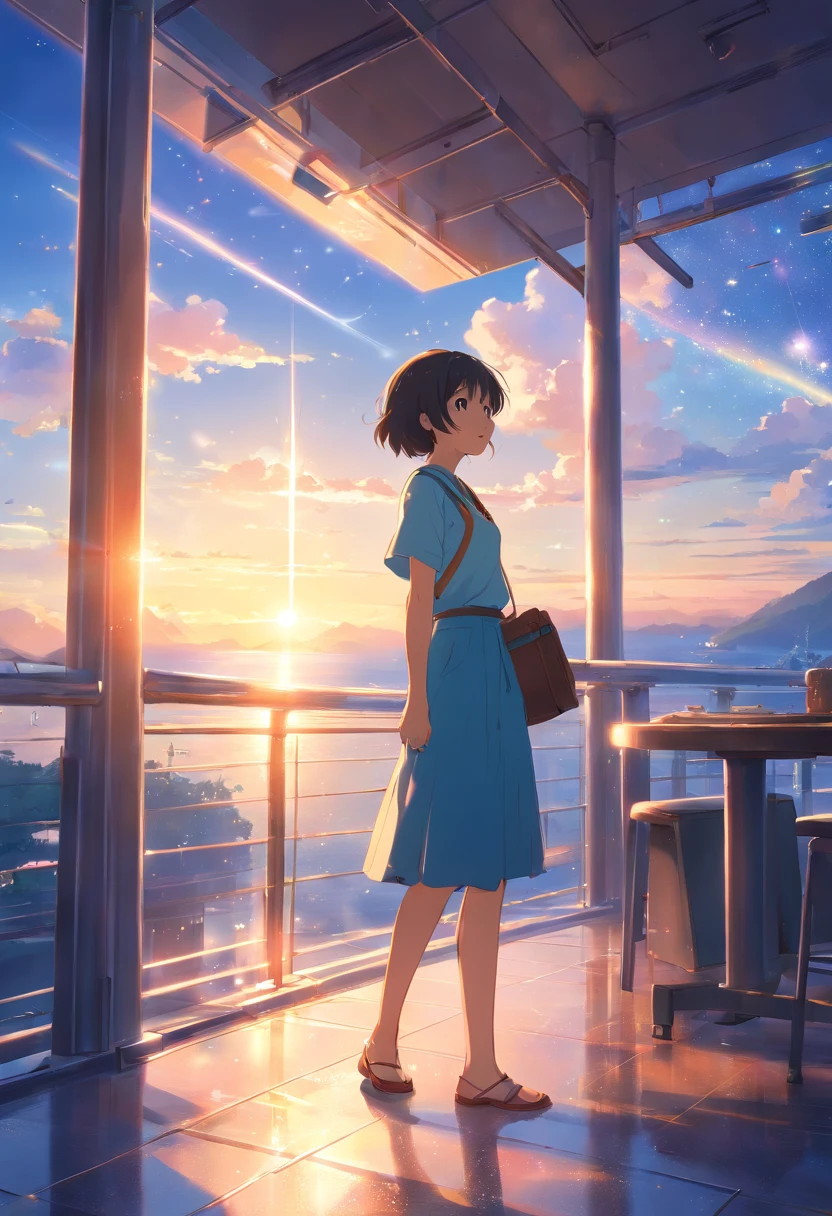 Vista distante、Paisagens、Ponto de Fuga、Outrageous resolution、alta resolução、ultra-detalhada、The top half is the sky、Below is the floor、Atmosfera Brilhante、fantasia、、、clearing blue sky、luz solar brilhando、muitas estrelas、beautiful lighting、clear lighting、soft lighting、Many bright magic lights
