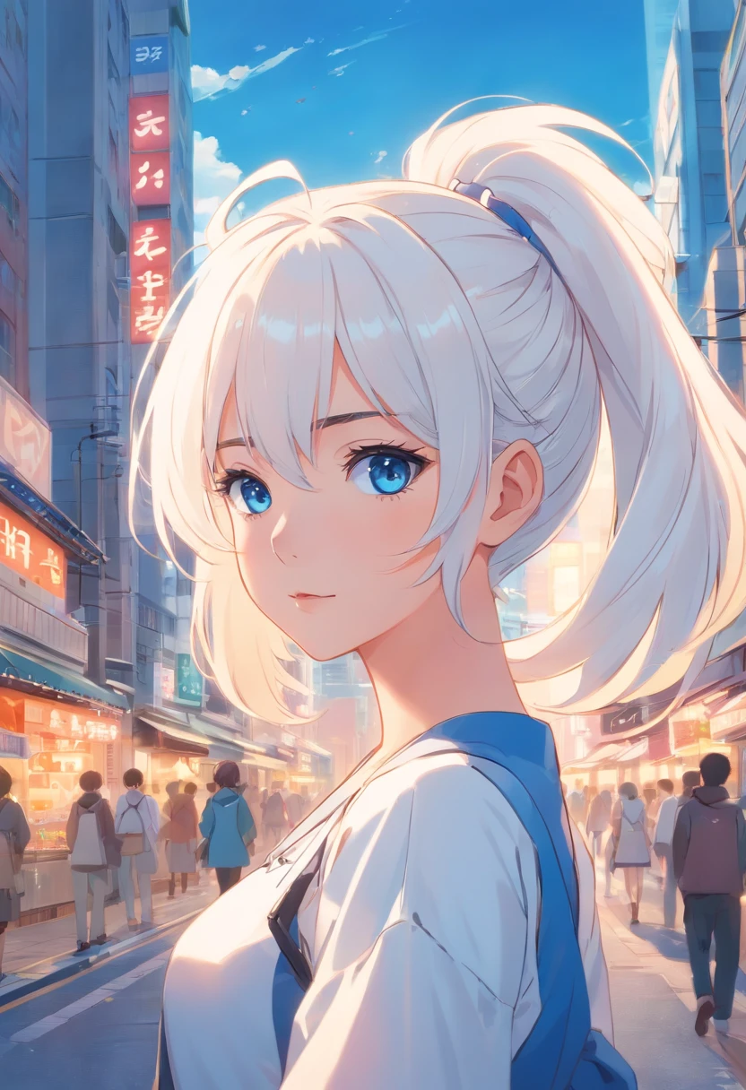 White color hair,Double ponytail curls,blue color eyes,White ta,Beth,A bustling city street
