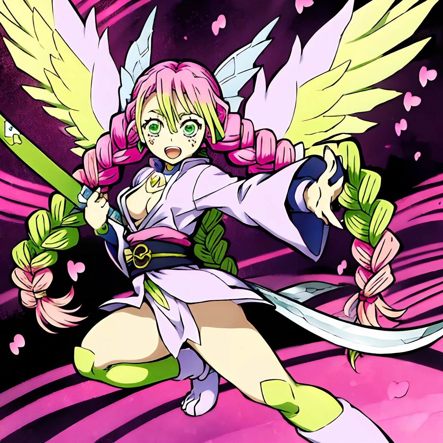 kanroji_mitsuri,digimon\(creature\),Fairy Wings,(( Fairy,))((pink skin)) , ((Heart Motif)) , Sakura flowers, Mitsurias  a Digimon, 1girl,masterpiece, multicolored hair, green eyes, long hair, Solo,pink hair green, Braids, Dynamic pose, holding whip Sword, ((Cute Clothes))