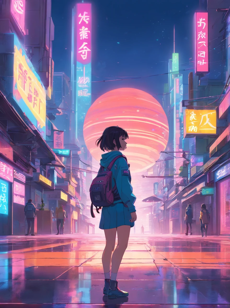 "Cyberpunk-inspired immersion, The world of neon, Be captivated by the surreal spectacle of planets dominating the sky, Full of fascinating digital art."