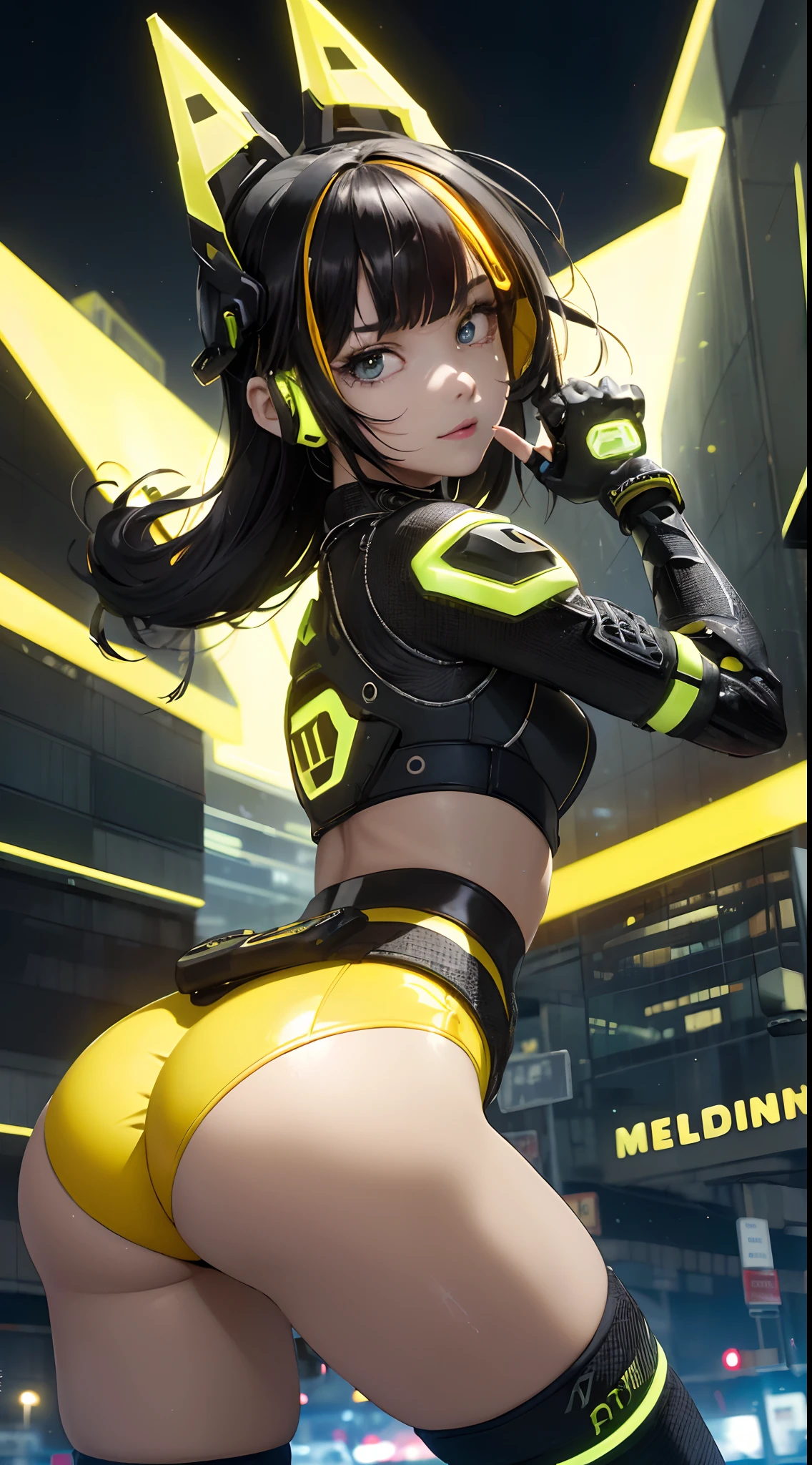highest qualityr))、((obra maestra)、cyberpunked、large buttockss、arrodillarse、Electronic visor attached to the face of a  with emphasis on the buttocks、Red latex body,Moda cyberpunk、Pose sexy、(Usar polainas amarillas en la parte inferior del cuerpo、(cabello amarillo:1.4),Agrandamiento de los senos、Neon lights in the dark city at night,motor irreal:1.4,UHD,La mejor calidad:1.4, fotorrealista:1.4, textura de la piel:1.4, obra maestra:1.8,obra-prima, mejor calidad,（Beautiful and detailed eye description）