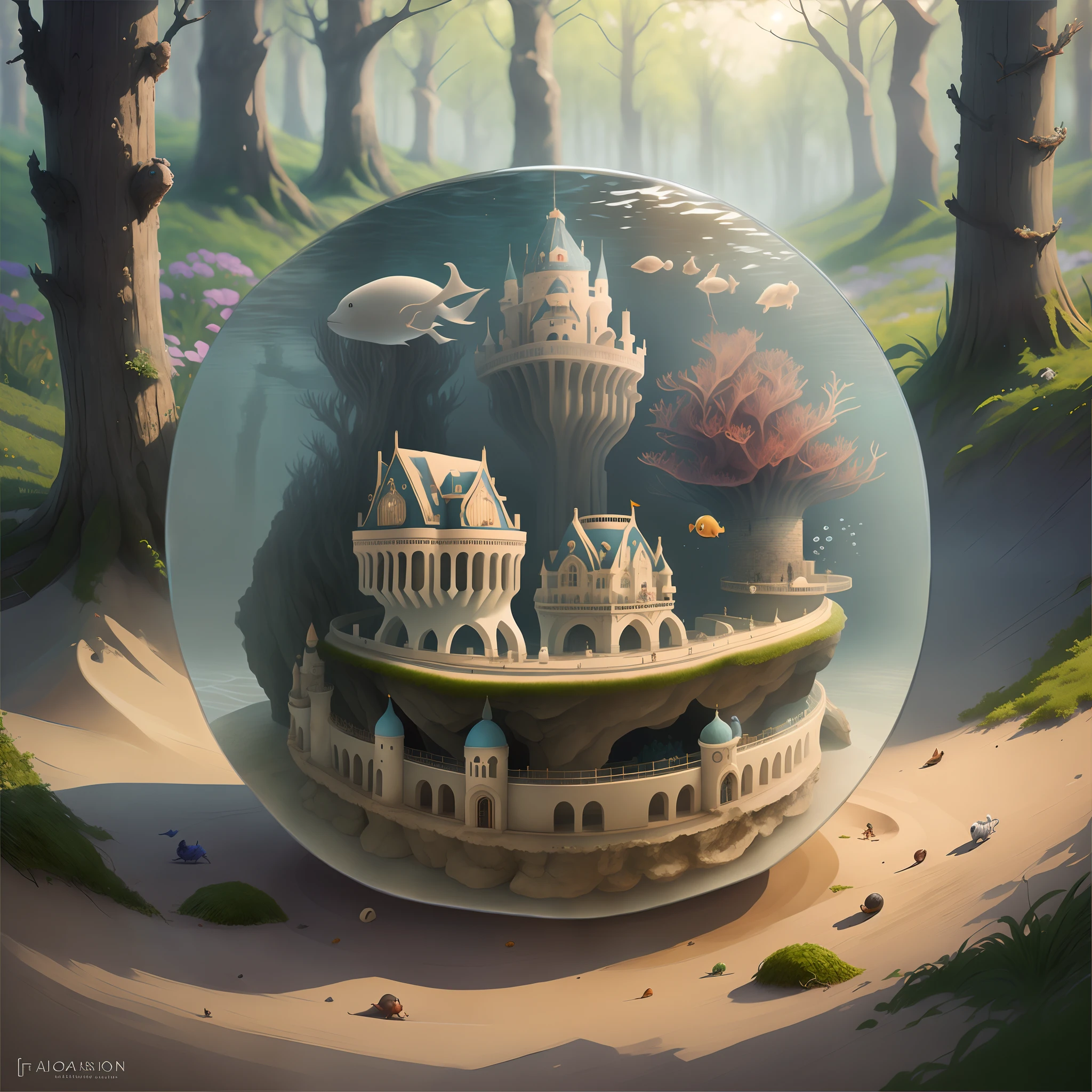 There was a snowball,There is a castle inside, Realistic fantasy illustration, Detailed fantasy illustration, surreal concept art, whimsical fantasy landscape art, A beautiful artwork illustration, Magical realism style, Fantasy art Behance, detailed fantasy digital art, inspired by Brian Despain, 3 d epic illustrations, fantasia 3 d render, beautiful detailed fantasy, author:Chen Jiesheng