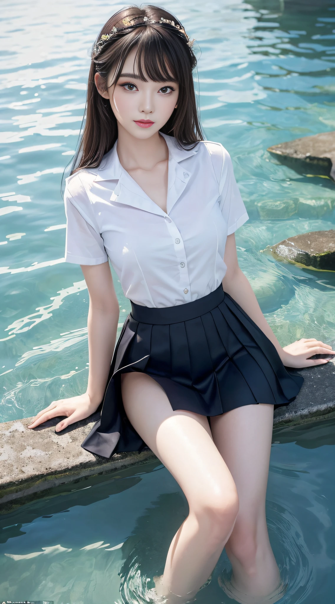 absurderes, Raw photo, Extremely delicate and beautiful, masutepiece, Best Quality, Ultra High Resolution, 16 K, hyper realisitic, Realistic, Photorealistic, Photorealsitic, Ultra-detailed, Perfect Anatomy, super detailed skin, Perfect figure, Very detailed CG 8k wallpaper, in her 20s, Very slim body, Narrow waist, Very small head, Very small face, Delicate facial features, tear moles, Earring, thin legs, (very massive round chest), (Full body shot:1.2), Short hair, Wavy Hair, light brown hair, (Wet clothes:1.3), (3 girls:1.3), (School uniform:1.2), (dress shirts), plein air, (School Pool),