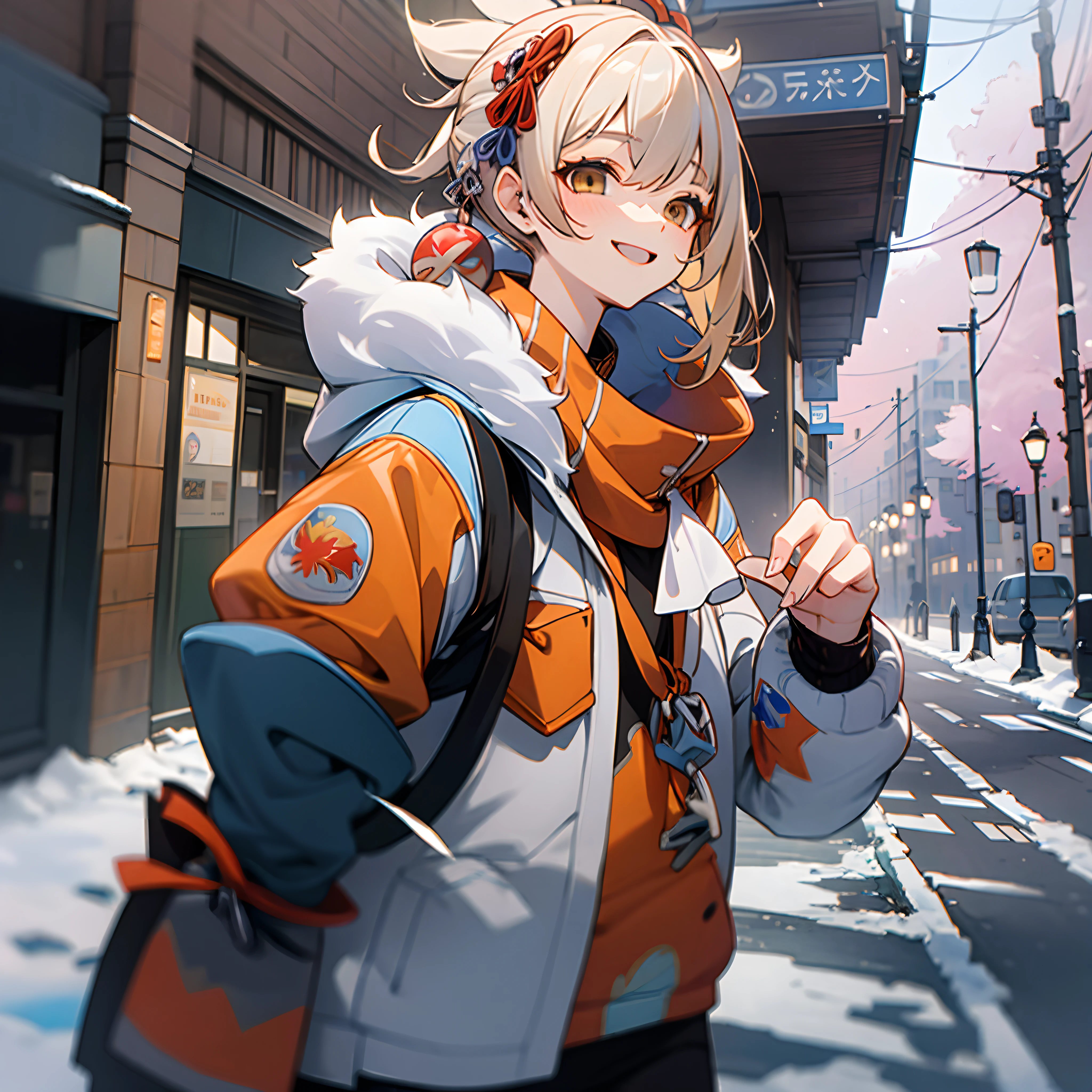 down jacket，On the streets where it snows in winter，Random actions，Random expressions，ssmile，cheerfulness，Sunny and cheerful，the original god