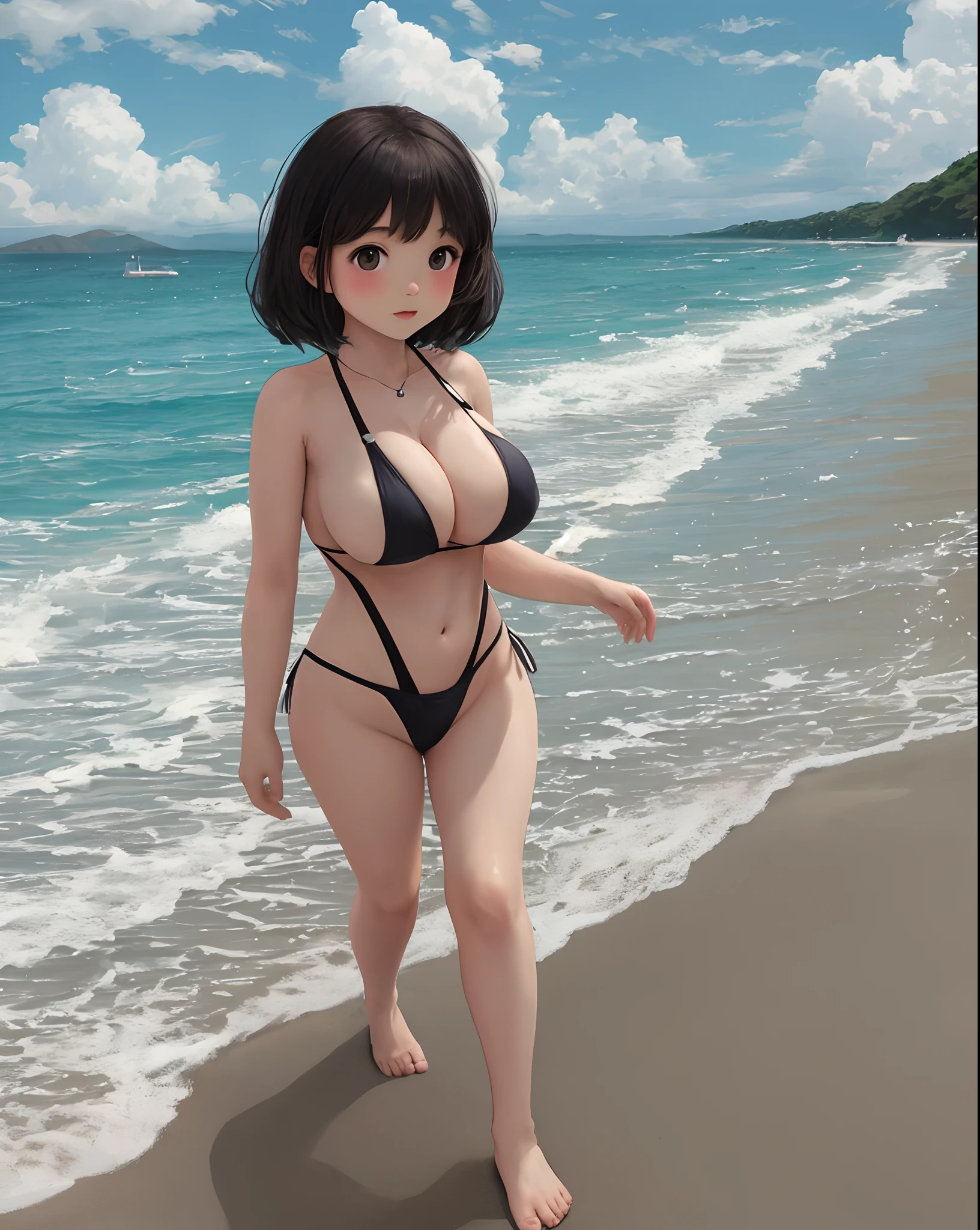 A big breasted big breasts little loli,Walk on the beach in a swimsuit