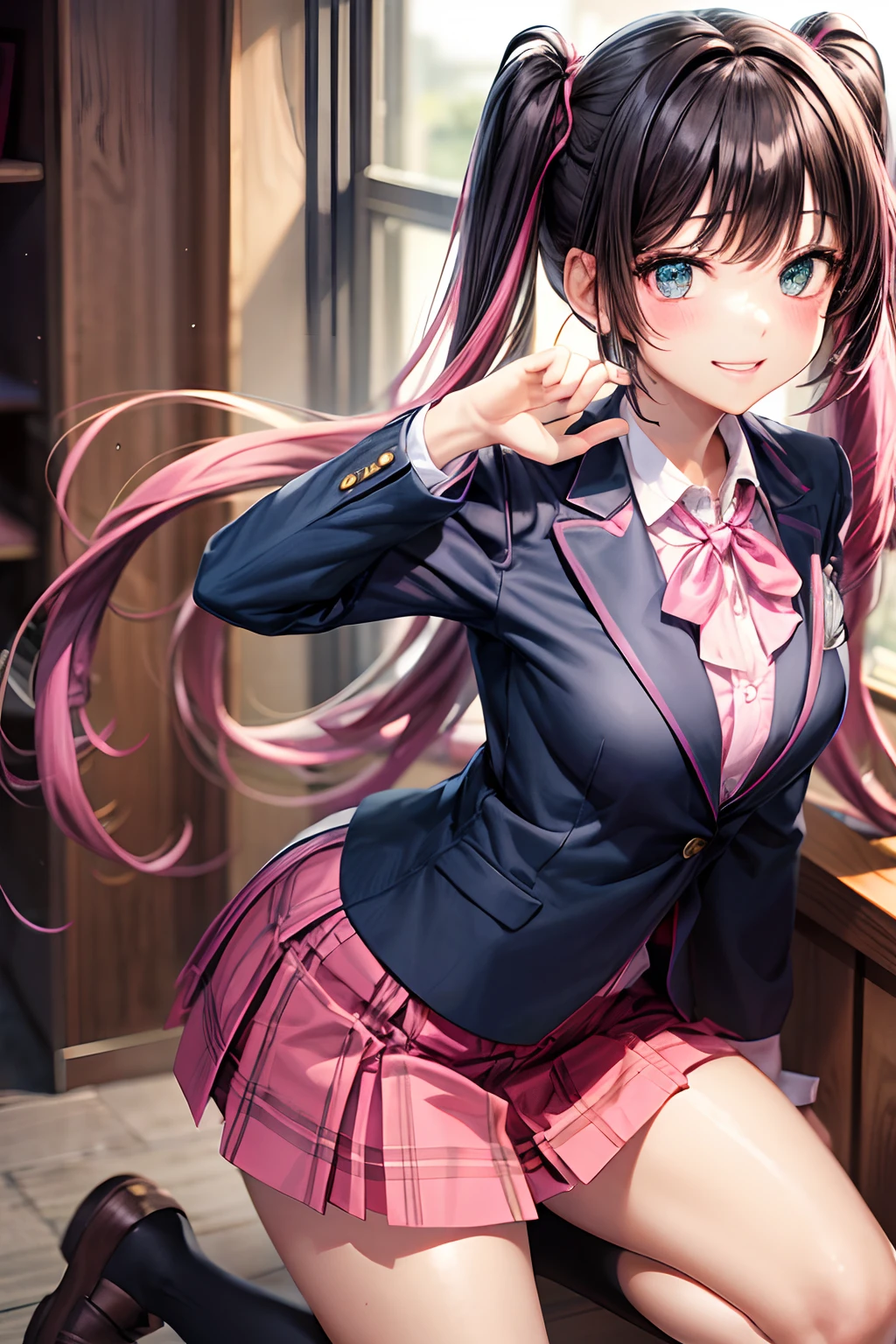 （hoang lap，hight resolution，Hyper-detailing，nffsw），tmasterpiece，best qualtiy，1girll ，Handsome，Long pink twin tail hair，A detailed face，full body Esbian、A dark-haired、High School Uniform、pink blazer、Dark blue mini skirt、Pink tie、Schools、Full body S screw、Self-shot，lightsmile，（teal eyes）pink blazer、Black miniskirt、Pink twin tails