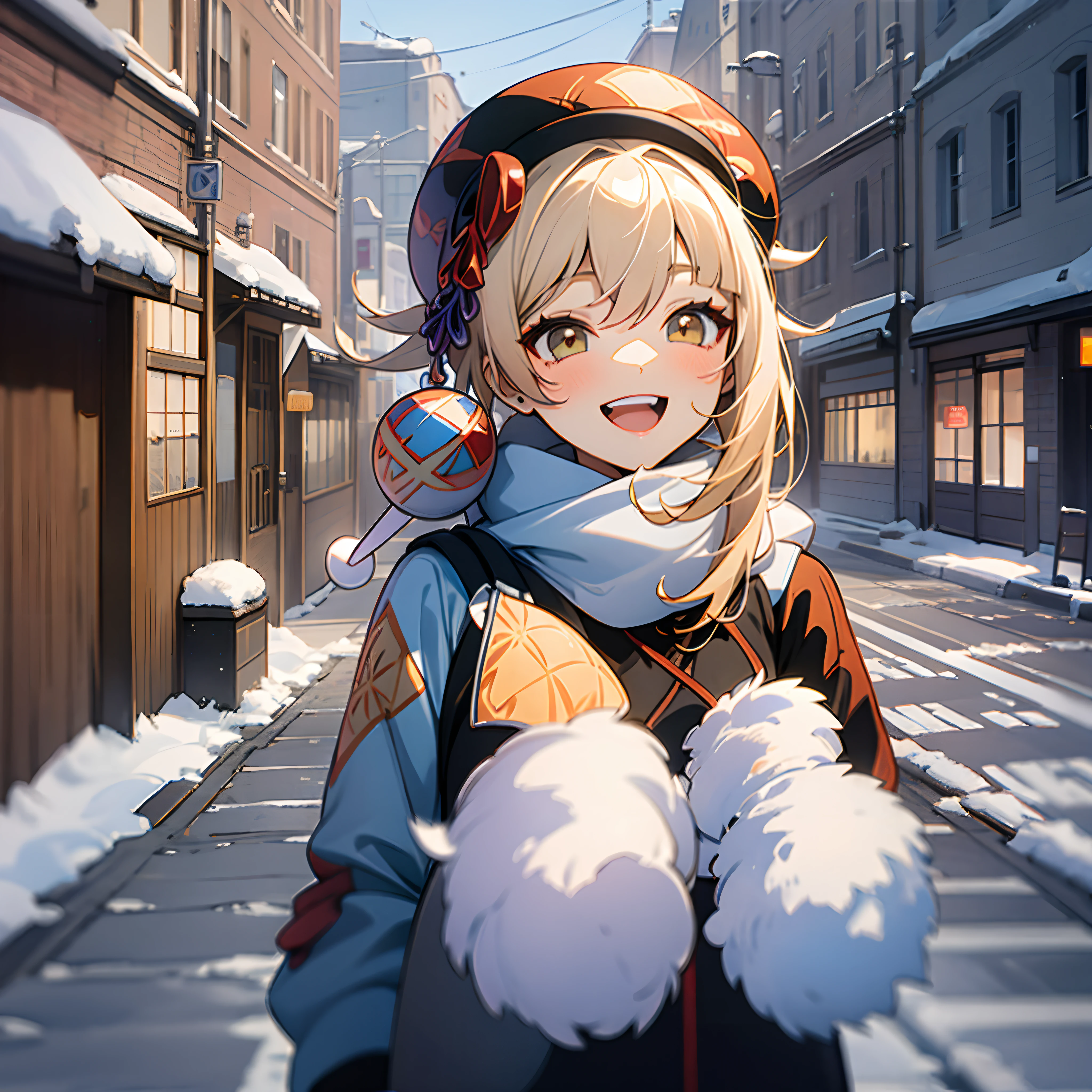 down jacket，On the streets where it snows in winter，Random actions，Random expressions，ssmile，cheerfulness，Sunny and cheerful，the original god