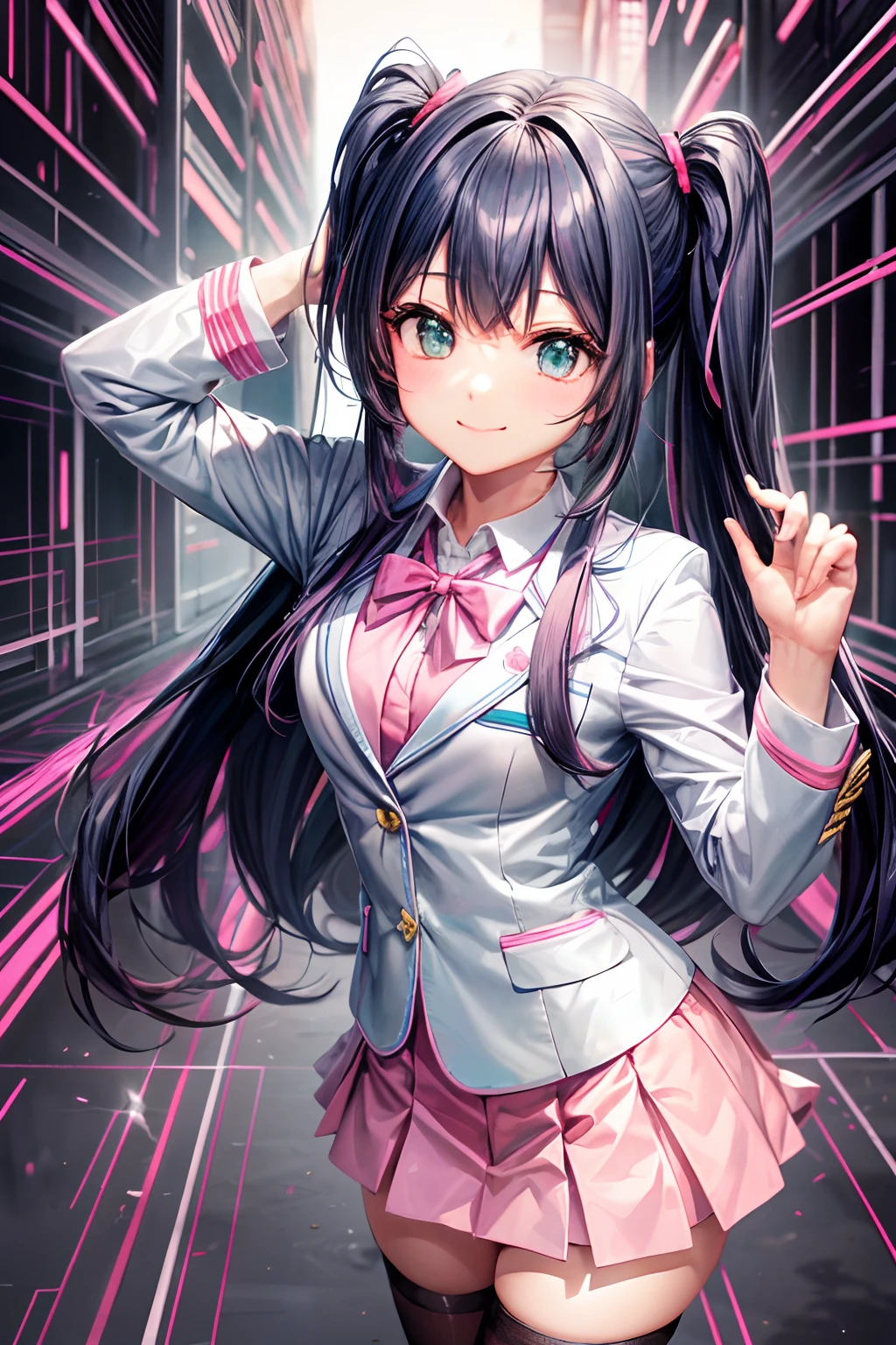 (hoang lap,hight resolution,Hyper-detailing,nffsw),tmasterpiece,best qualtiy,1girll ,Handsome,Long pink twin tail hair,A detailed face,full body Esbian、A dark-haired、High School Uniform、pink blazer、Dark blue mini skirt、Pink tie、Schools、Full body S screw、Self-shot,lightsmile,(teal eyes)pink blazer、Black miniskirt、Pink twin tails