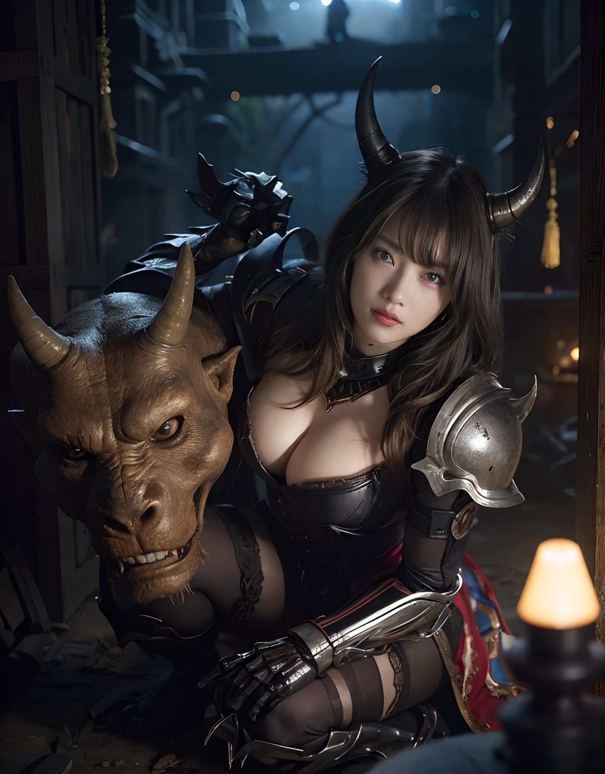(One Knight Girl)、top-quality、masterpiece、超A high resolution、(Photorealsitic:1.4)、Raw photo、1人、Fight mutants、(Wear the Dark Knight's Armor)、glowy skin、(((Dark Fantasy)))、With a beautiful sword and shield、(Black Metal Bodysuit)、(Fight goblins、ogre、Fierce battle with orcs),(Fight fiercely against aliens)、Fight fiercely、(Skeleton collective background),(Background of decaying dungeon ruins)、(Skeleton helmet)、(Fighting Demonic Beasts)、(Small LED)、((super realistic details))、portlate、(Strong giant demon beast background),globalillumination、Shadow、octan render、8K、ultrasharp、Colossal tits、Raw skin is exposed in cleavage、metals、Details of complex ornaments、Japan details、highly intricate detail、Realistic light、(Mystical expression),CGSoation Trends、Red Eyes、radiant eyes、Facing the camera、neon details、(Mechanical limbs)、(blood vessels connected to tubes)、()、Gundam、Small LED、Toostock、(Fight aliens on another planet)、(Attack of the Monster Beasts)、(Wounded in a deadly battle)、