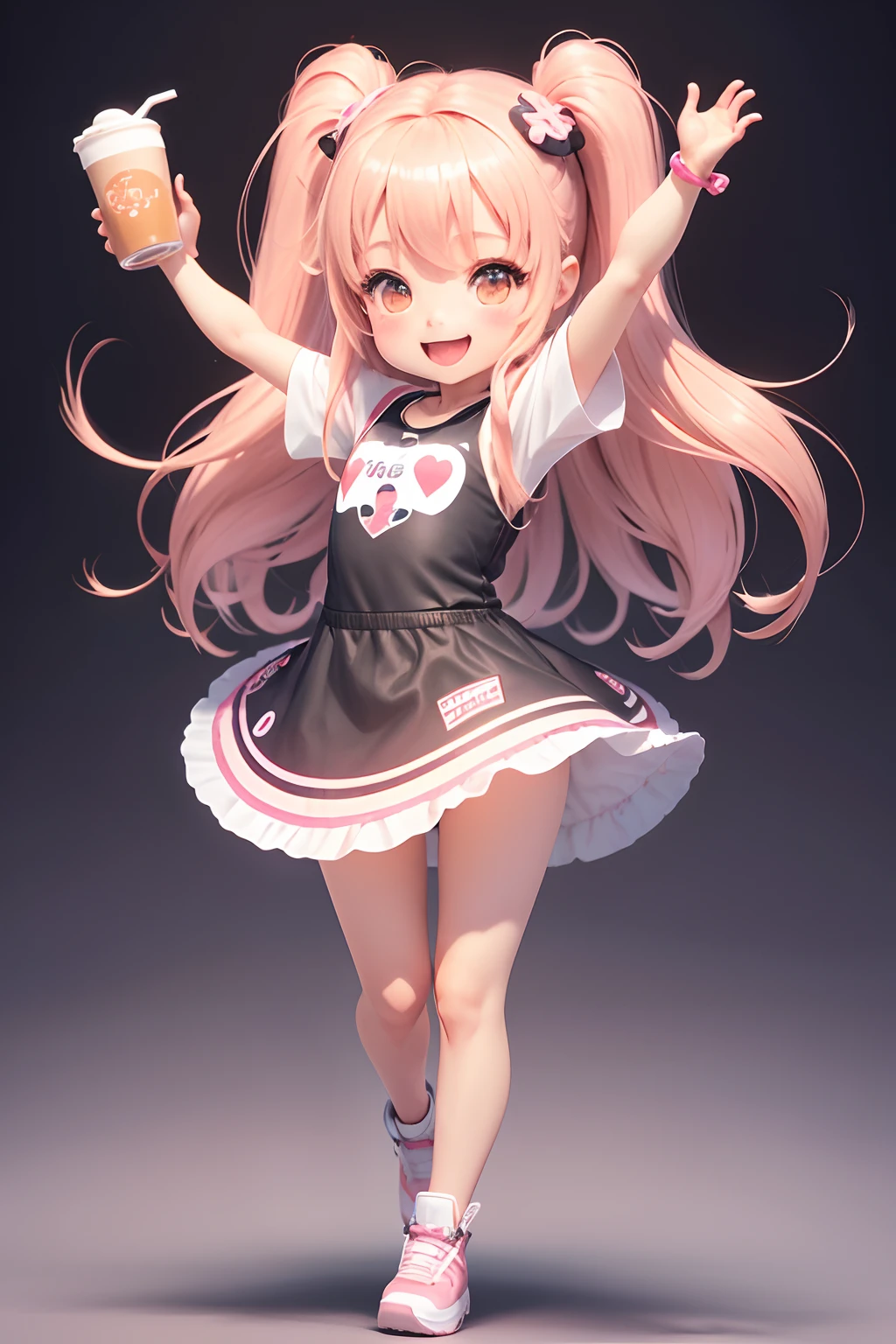 1 very cute girl，very happily，Active and lively，chibi girl，Plastic cover，Full body like，Moe new big head，milk tea，Flat illustration，adolable，3d