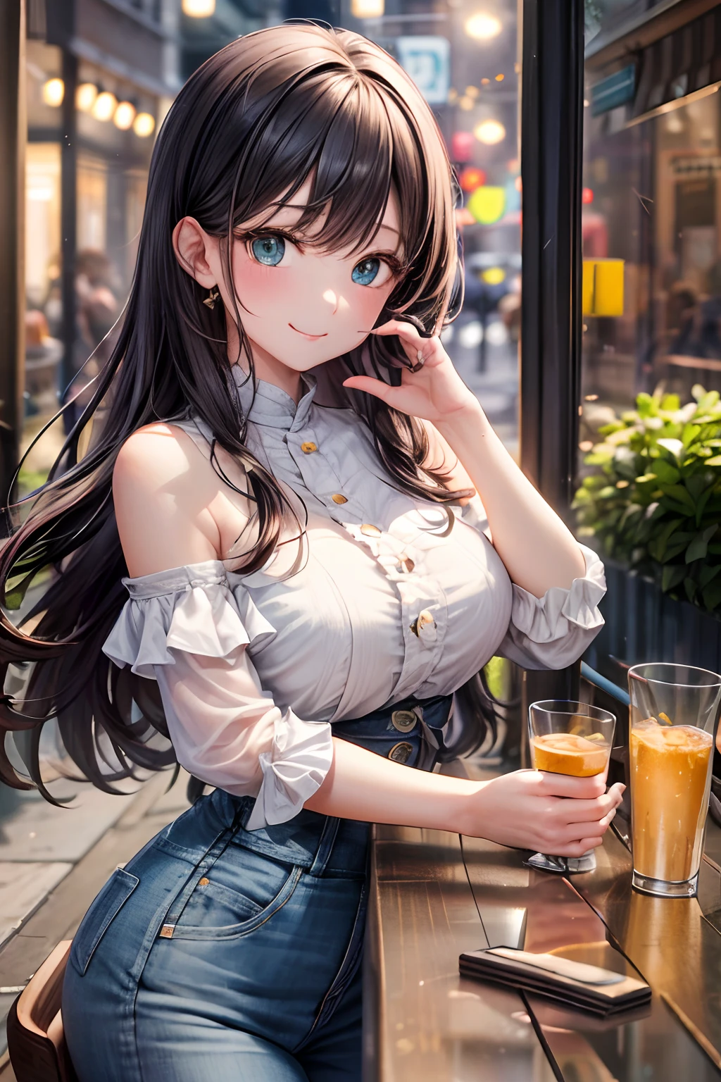 (hoang lap,hight resolution,Hyper-detailing,nffsw),tmasterpiece,best qualtiy,1girll ,Handsome,cabelos preto e longos,A detailed face,A dark-haired、Blouses with ruffles、cafe terrace,date、denim、Dimples、,Glorious glitter、Self-shot,lightsmile,(teal eyes)
