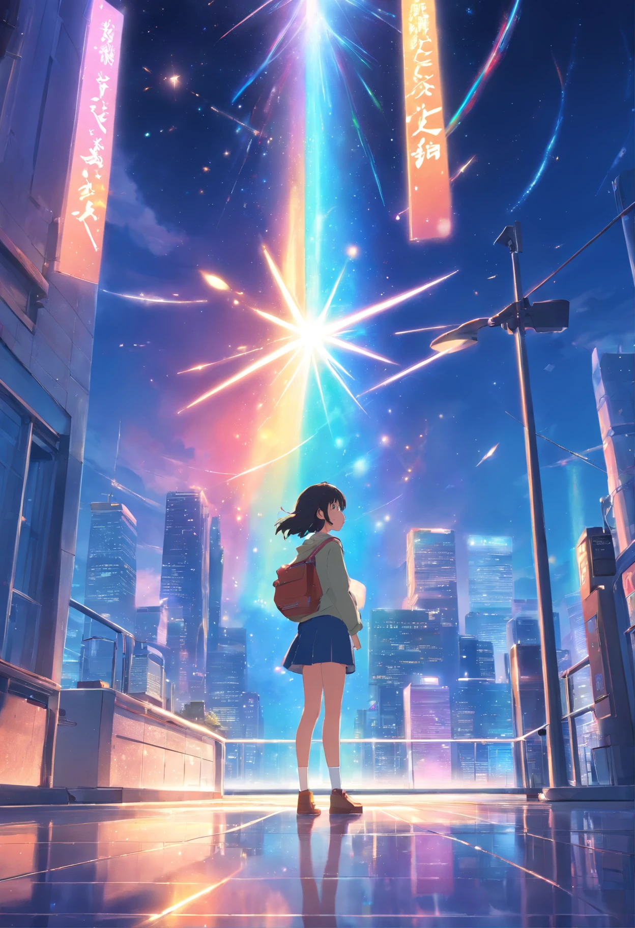 Vista distante、Paisagens、Ponto de Fuga、Outrageous resolution、alta resolução、ultra-detalhada、The top half is the sky、Below is the floor、Atmosfera Brilhante、fantasia、、、clearing blue sky、luz solar brilhando、muitas estrelas、beautiful lighting、clear lighting、soft lighting、Many bright magic lights