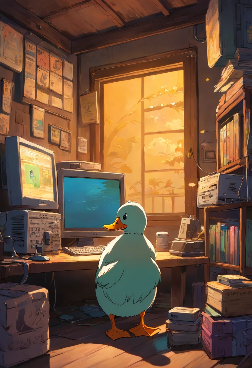 A duck using a computer in a very dark room、Keyboard and mouse to stream games.