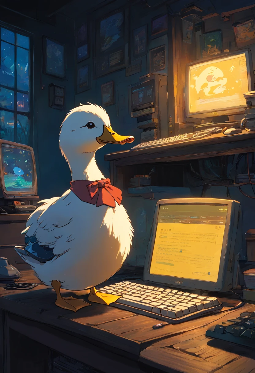 A duck using a computer in a very dark room、Keyboard and mouse to stream games.