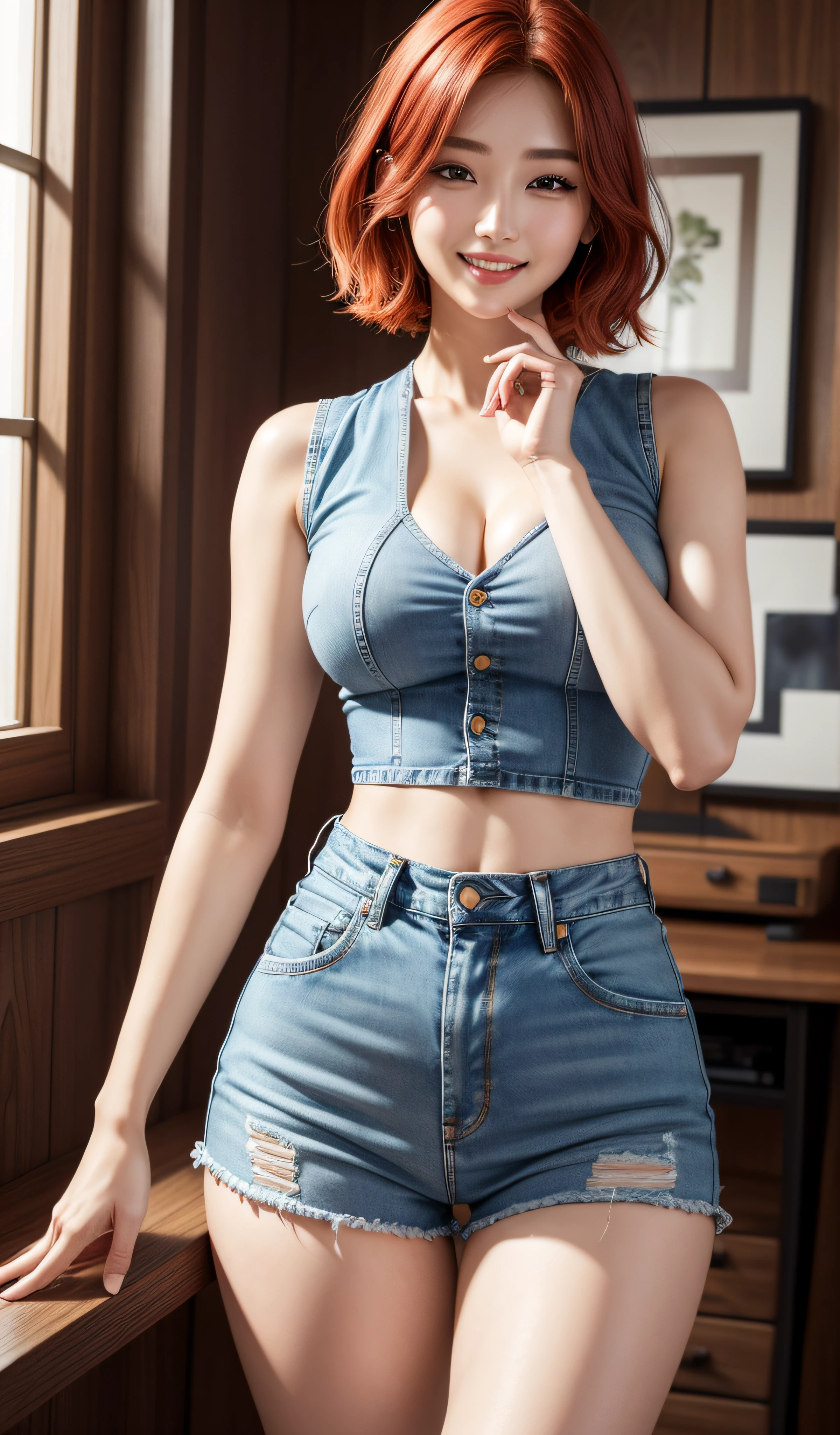 8K, Masterpiece, RAW photo, Best quality, Photorealistic, Extremely detailed CG unifies 8K, 8K, Diamond, and wallpaper, Depth of field, Cinematic light, Lens flare, Ray tracing, Super sexy Maria dressed (Low-cut and tight (Ultra-short,denim hot-pants)),((full bodyesbian)),((Long legs)), (thigh gap:1.5),Narrow waist、(Wide buttock),(big assa),Pretty Korean girl, Kpop idol, 1 girl, (Very slim and slender muscular body:1.3), ((view the viewer)),(Big smile:1.3),Narrow waist、(big assa),((White crop top top:1.5) Vest with exposed neckline), Short hair, Red hair, photorealestic, photography of, (A high resolution), (realisticlying:1.4), (very intricate), (exquisitedetails), highly detailed, A high resolution, Original, Extremely detailed 8k wallpaper, best qualtiy, 详细的脸, ultra - detailed, RAW photogr, realisticlying, (Extremely beautiful face, Beautiful lips, Beautiful eyes), intricate detail face, (Plump red lips),((ultra detailed skin),(Low-cut and tight (Flare Jeans)),(thigh gap:1.5),Narrow waist、(Wide buttock),(big assa), (view the viewer:1.3) Short hair, Red hair,open breast, Very slim, Medium breasts, Turn Back, Back shot, , underwear