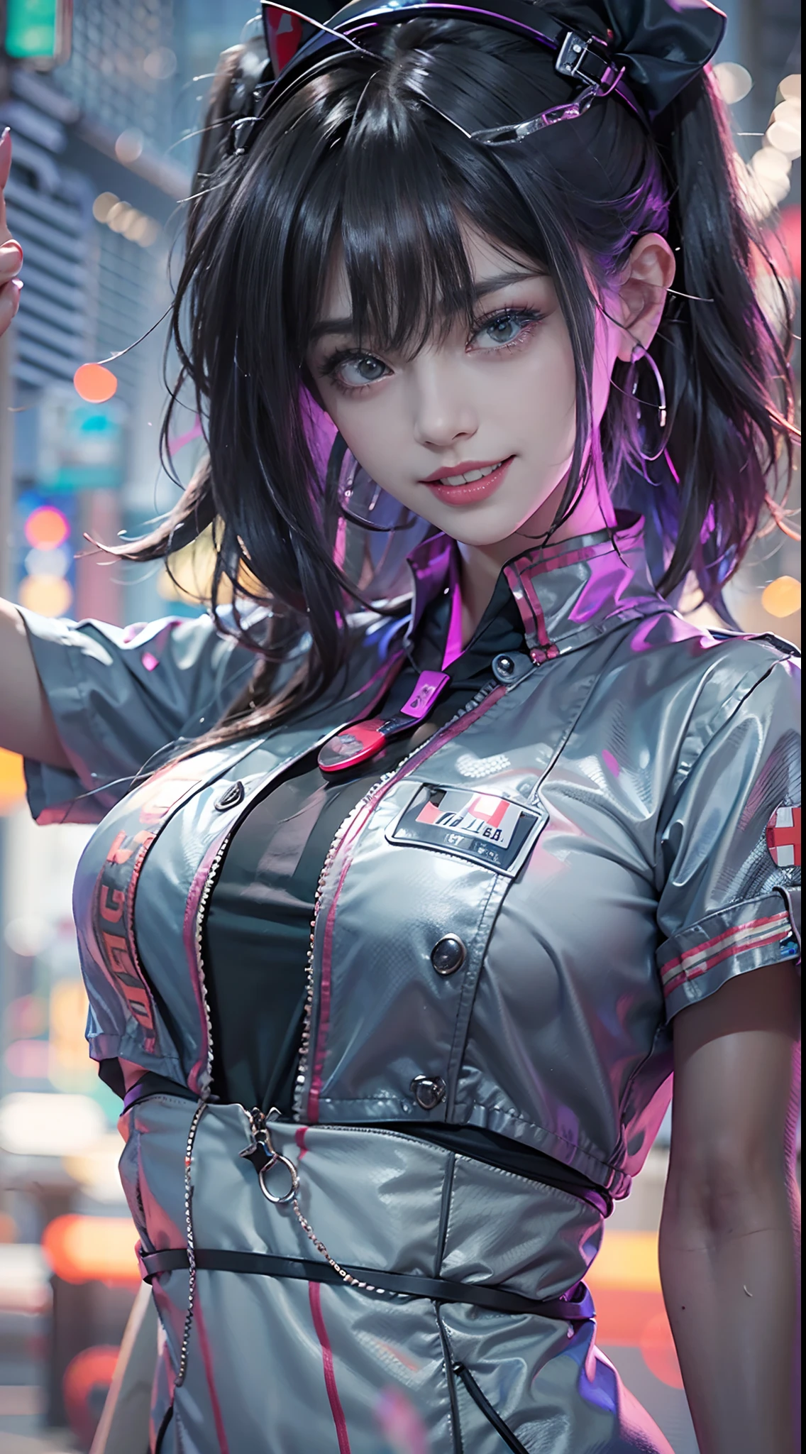 Gray eyes, zombie, Halloween, natta, Nurse Costume, Cityscape with neon signs, Smiling smile, (The FW), 1womanl, 独奏, 24 year old, 7headed body, (Ideal ratio body proportions), (Composition from head to thigh), erectile nipple, Sexy body, Wet, short-hair, Dark hair, small tits, A slender, Small buttocks, beauty legs, Skinny Legs, surrealism, Cinematic lighting, depth of fields, One-person viewpoint, F/1.8, 135 mm, nffsw, masutepiece, ccurate, ((Anatomically correct)), Textured skin, Super Detail, high details, High quality, awardwinning, Best Quality, hight resolution, 8K