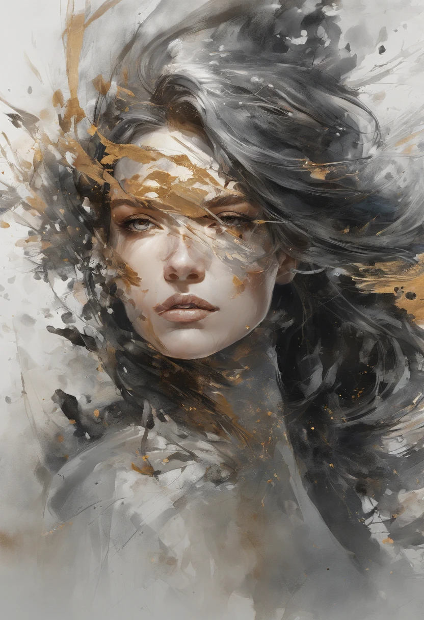 Perfect centralization, Fantastic Black Golden Beams, alegria, Standing position, beleza abstrata, Centrado, looking at the camera, Facing the camera, Approaching perfection, Dynamic, altamente detalhado, liso, foco nítido, 8k, alta resolução, illustration, arte de Carne Griffiths e Wadim Kashin, garota Samurai, espada, espadachim, feixes dourados, feixes laranja, feixes pastel, Rosto realista, rosto detalhado, cabelo prateado, fundo em movimento, fundo em aquarela, fundo nebuloso,