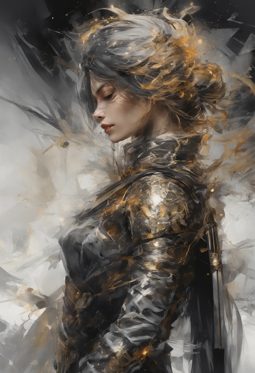 Perfect centralization, Fantastic Black Golden Beams, alegria, Standing position, beleza abstrata, Centrado, looking at the camera, Facing the camera, Approaching perfection, Dynamic, altamente detalhado, liso, foco nítido, 8k, alta resolução, illustration, arte de Carne Griffiths e Wadim Kashin, garota Samurai, espada, espadachim, feixes dourados, feixes laranja, feixes pastel, Rosto realista, rosto detalhado, cabelo prateado, fundo em movimento, fundo em aquarela, fundo nebuloso,