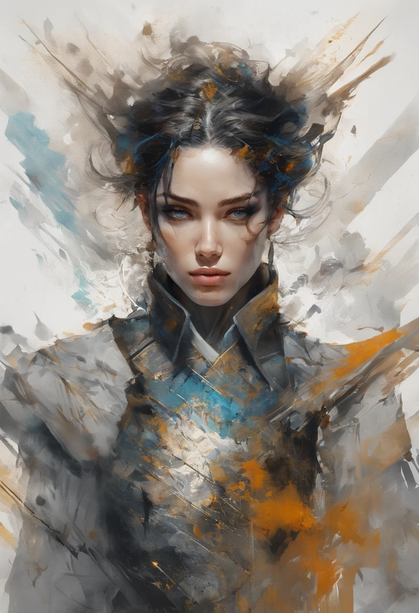 Perfect centralization, Fantastic Black Golden Beams, alegria, Standing position, beleza abstrata, Centrado, looking at the camera, Facing the camera, Approaching perfection, Dynamic, altamente detalhado, liso, foco nítido, 8k, alta resolução, illustration, arte de Carne Griffiths e Wadim Kashin, garota Samurai, espada, espadachim, feixes dourados, feixes laranja, feixes pastel, Rosto realista, rosto detalhado, cabelo prateado, fundo em movimento, fundo em aquarela, fundo nebuloso,