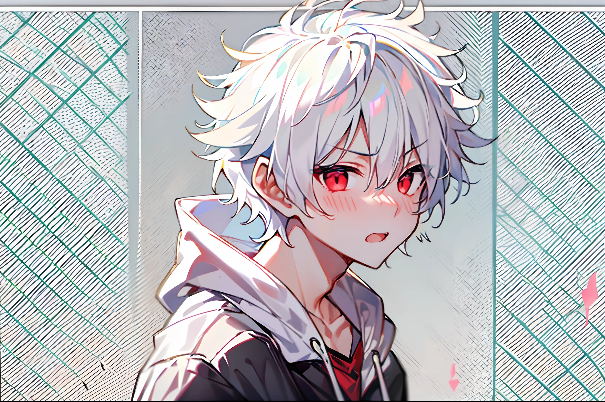 white backgrounid、One Boy、blushed face、beautiful countenance、(embarrassed from)、(kawaii)、Anime boy with white hair and red eyes stares at camera、 slim、hair messy、Black hoodie