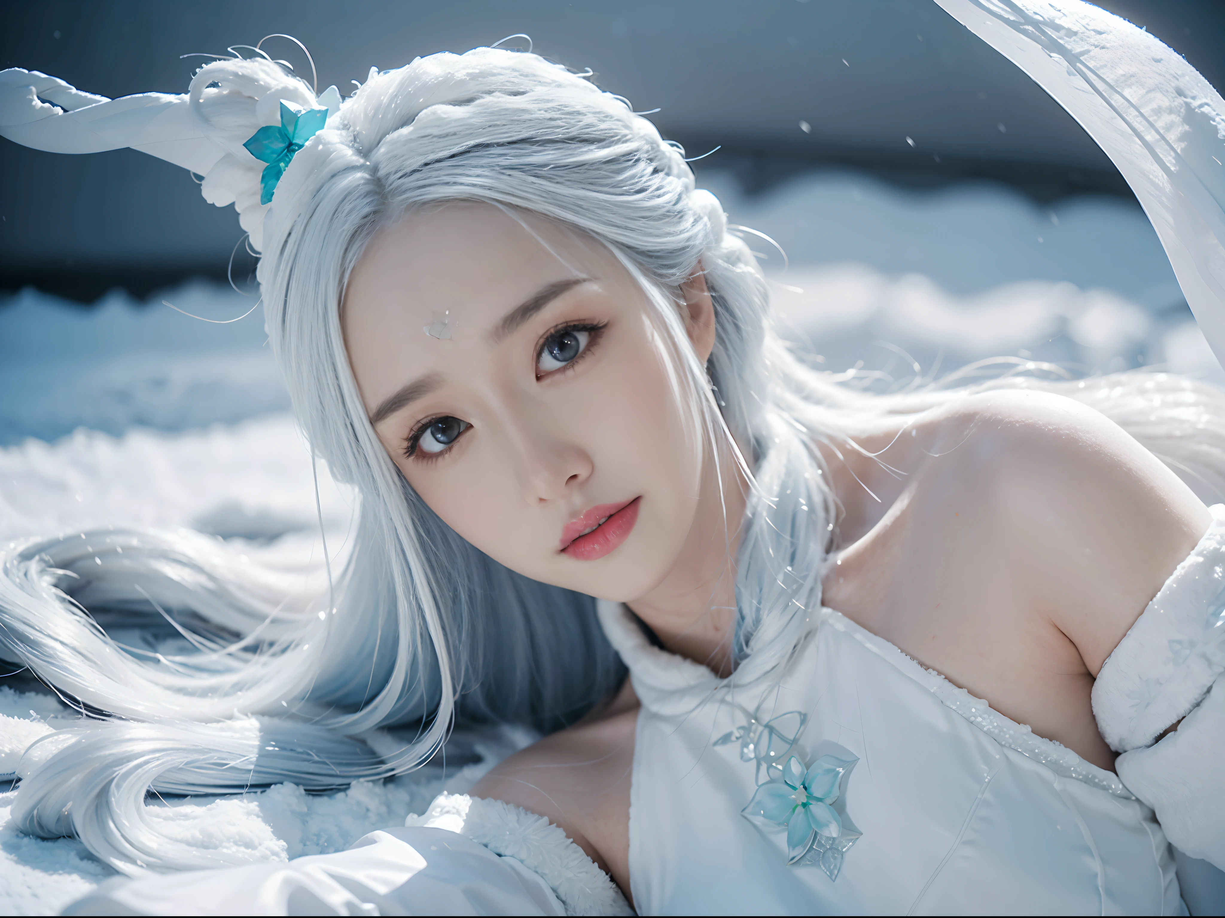 1girll,(Covered with snow,Ice), snowflower, In winter,In the snow，White hair, Shiny hair, Wavy hair, Transparent clothes, frilld, Lace, Wet clothes, Off_Shoulder, hair scrunchie,Masterpiece, Telephoto lens, absurderes, Exquisite facial features，filmposter，Poster composition，posing elegantly，classics，Natural light，Soft light，（Seven-doppelganger composition） ，epic，dream magical，mistic，hyper qualit，tmasterpiece，Perfect illustration，extreme hight detail（Realiy：1.4），Unity 8k壁纸，Super meticulous，Exquisite，tmasterpiece，best qualityer