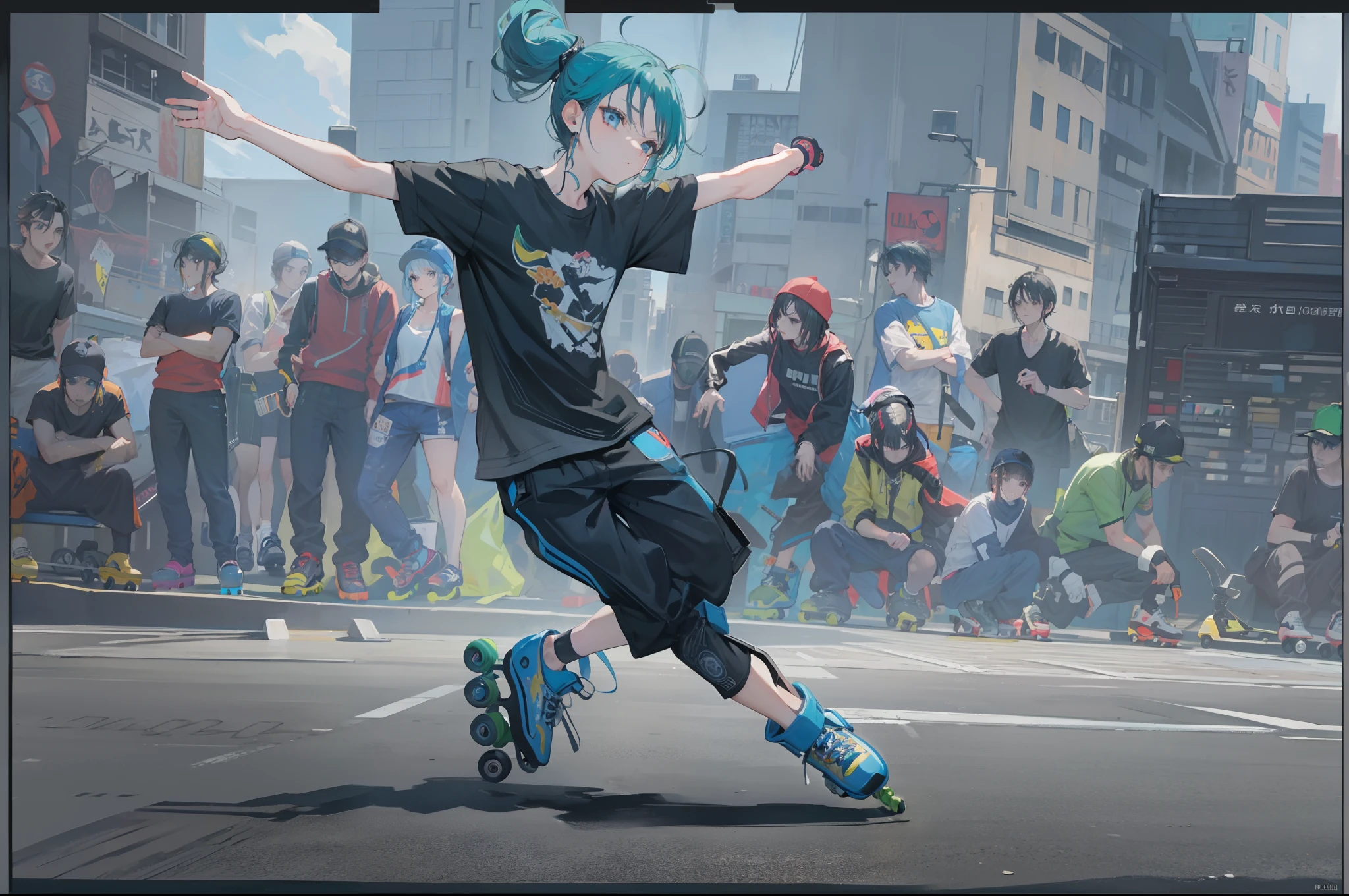 Extreme 4K image quality,(Extremely detailed and immersive masterpiece) - Punk Boy (Flowing hairstyle) Sprint with four-wheel inline skates (Peaceful sidewalks in the post-world: 1.1) and (Edge greening: 0.9).dynamic skating, roller skating, rollerblading, skateboarder style, Skateboarding, riding a skateboard, rollerbladers, skateboards, roller skate, in an action pose, roller skate, rollerskaters, hiroaki tsutsumi style, Stand on a skateboard, dynamic action shot,