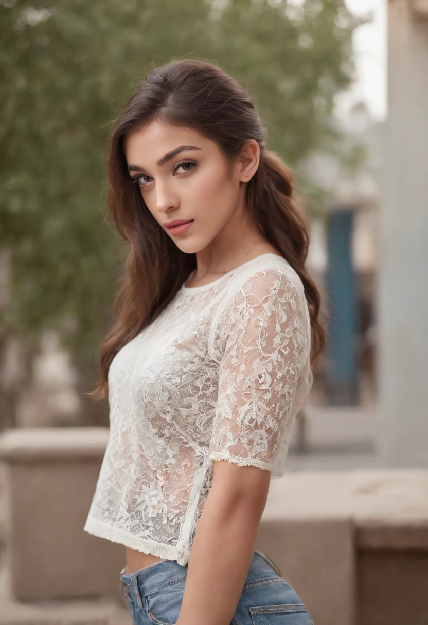 ((iraqi dark skin, iraqi attractive 18 year old teen)), ((her beauty is undeniable)), ((excited cute face)), ((hyper detailed perfect eyes,)), ((cute pose)), ((tongue out)), ((seductive )), sexy, (( tight mesh shirt, sexy short shorts)), (( ponytail hair,)), (( skin)), ((standing, front view)), ((touching her own legs in a sexy pose)), ((outdoors, public city)), sharp focus cgi, photorealistic, high detail, realistic, masterpiece, absurdres, best quality, HDR, high quality, high-definition, extremely detailed, 8k wallpaper, intricate details, 8K uhd, Full-HD, (realistic photo:1.2), contrast, harsh lighting, cinematic lighting, natural lighting, hard light, backlighting, global illumination, ambient occlusion