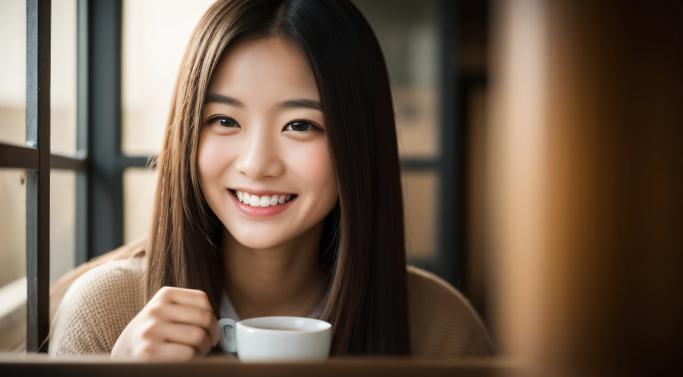 Asian woman looking at camera in coffee shop and smiling　Photorealsitic, A smile, beautiful a girl, cute little, length hair, depth of fields, hight resolution, ultra-detailliert, detaile, extremely detailed eye and face, Sharp pupils, Realistic pupils, foco nítido, Cinematic lighting