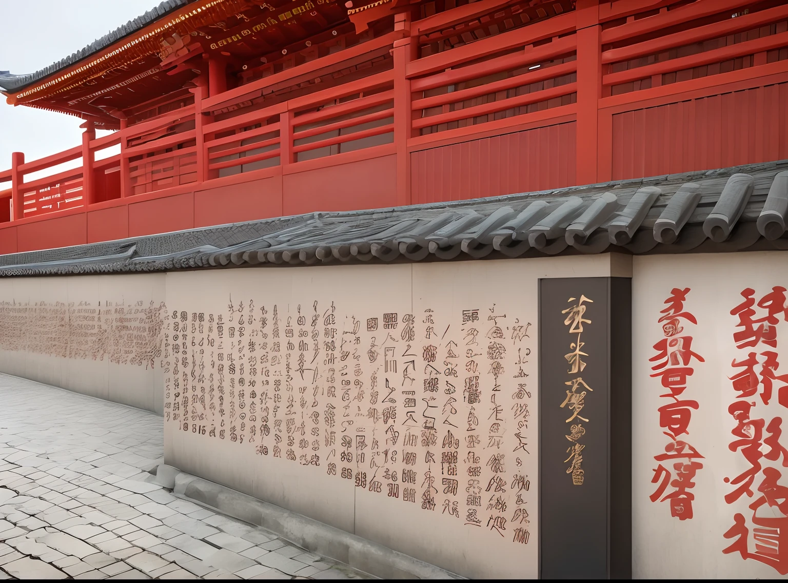There is a wall with writing written on it,In the background is a building, japanese temples, Taoist temples and monks, inspired by Baiōken Eishun, inspired by Sesshū Tōyō, japanese kanji everywhere, Tang Dynasty Palace, golden chinese text, kanji markings, etched inscriptions