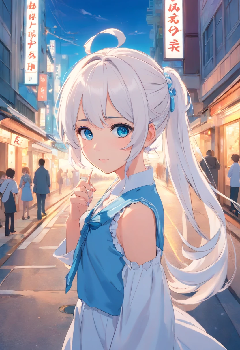 White color hair,Double ponytail curls,blue color eyes,White Lolita,Beth,A bustling city street