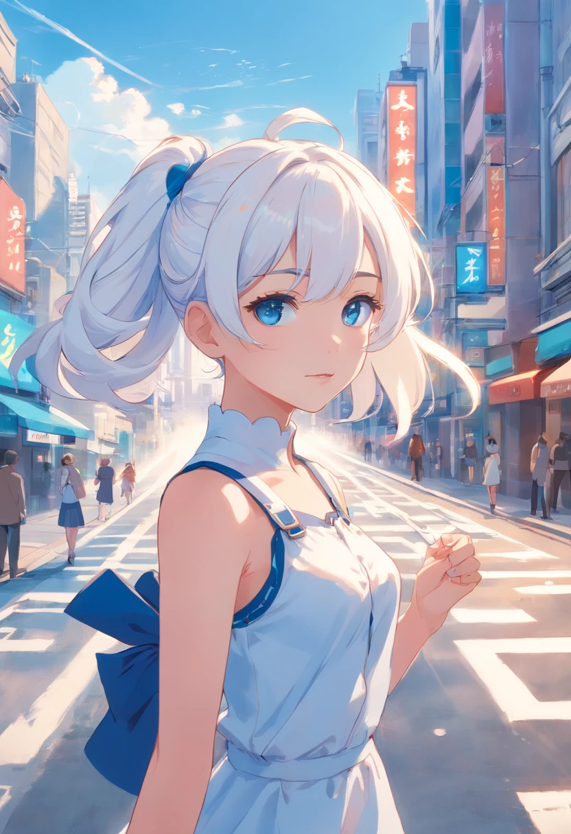 White color hair,Double ponytail curls,blue color eyes,White ta,Beth,A bustling city street