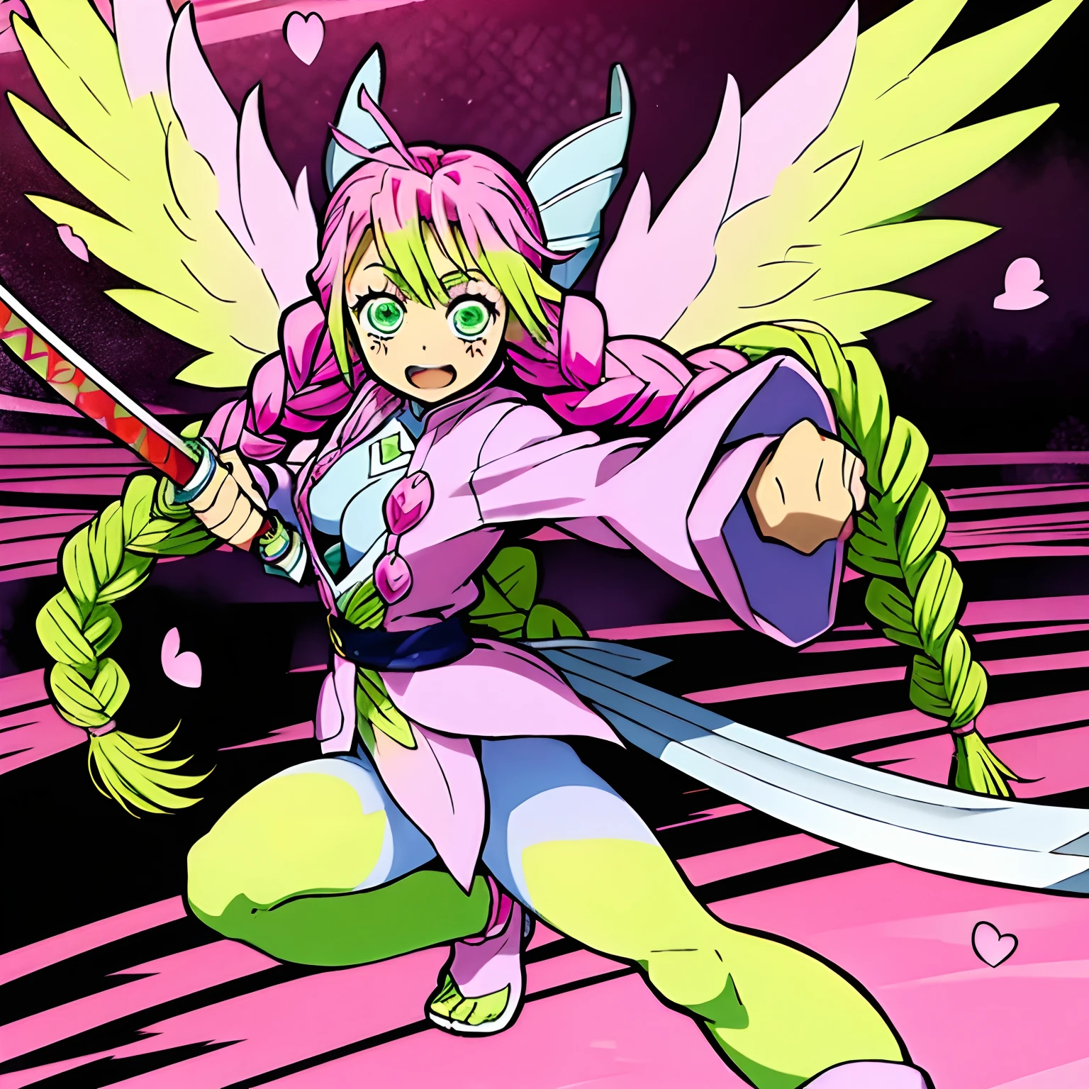 kanroji_mitsuri,digimon\(creature\),Fairy Wings,(( Fairy,)), ((Colored Skin)),((pink skin:1.4)) , ((Heart Motif)) , Sakura flowers, Mitsuri as a Digimon, 1girl,masterpiece, multicolored hair, green eyes, long hair, Solo,pink hair green, Braids, Dynamic pose, holding whip Sword, ((Cute Clothes))