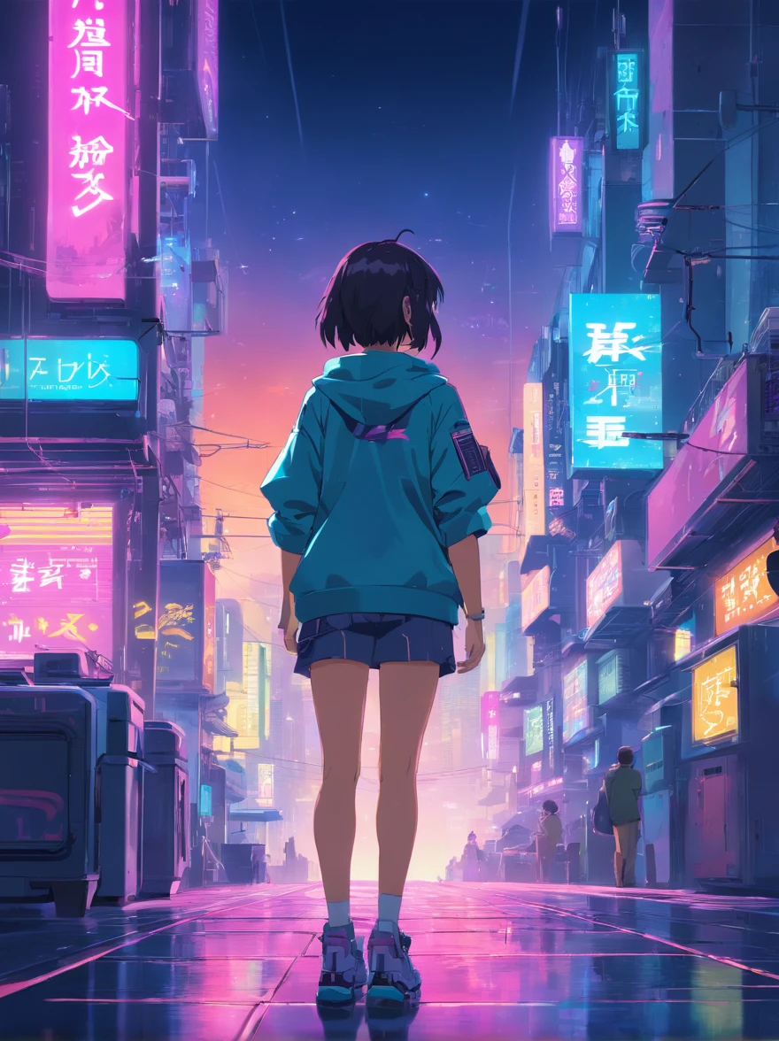 "Cyberpunk-inspired immersion, Um mundo de luzes neon, Let yourself be mesmerized by the surreal spectacle of planets dominating the skies, Cheio de arte digital cativante."