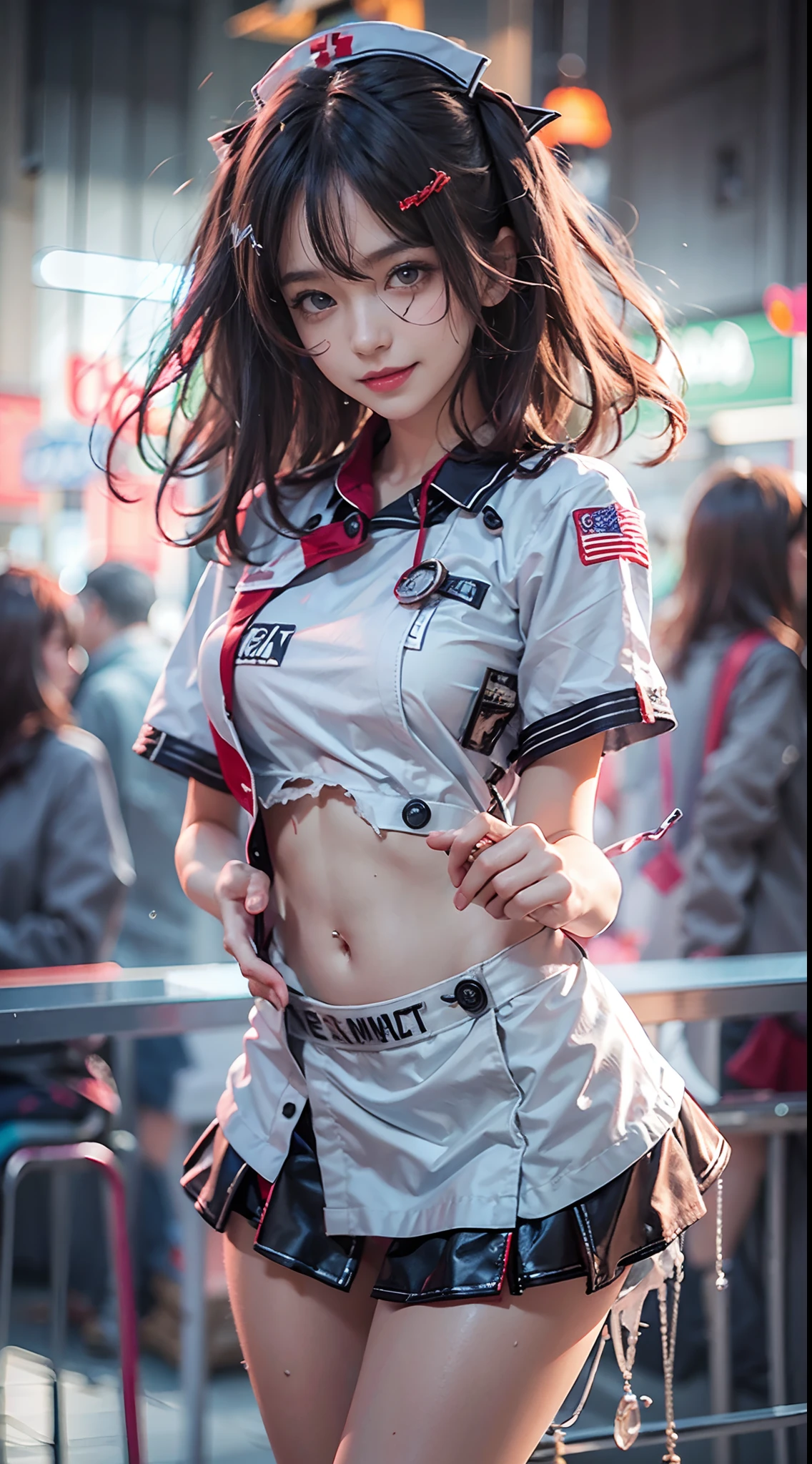 White eyes, Torn clothing, zombie, Halloween, natta, Nurse Costume, Cityscape with neon signs, Smiling smile, (The to the FW), 1womanl, 独奏, 24 year old, 7headed body, (Ideal ratio body proportions), (Composition from head to thigh), erectile nipple, Sexy body, Wet, short-hair, Dark hair, small tits, A slender, Small buttocks, beauty legs, Skinny Legs, surrealism, Cinematic lighting, depth of fields, One-person viewpoint, F/1.8, 135 mm, nffsw, masutepiece, ccurate, ((Anatomically correct)), Textured skin, Super Detail, high details, High quality, awardwinning, Best Quality, hight resolution, 8K