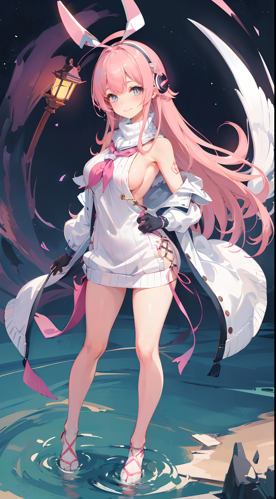 masterpiece, highres, 1girl, goddess of victory: nikke, pepper_(nikke), ペッパー(勝利の女神_NIKKE), ulzzang-6500-v1.1, beautiful face, detailed face, pink hair, bangs, headphones, gloves, blue neckerchief, sweater, thighs, blush, smile, large breasts, full body, bare shoulders, eyebrows visible through hair, headgear, long hair, looking at viewer, sweater dress, standing