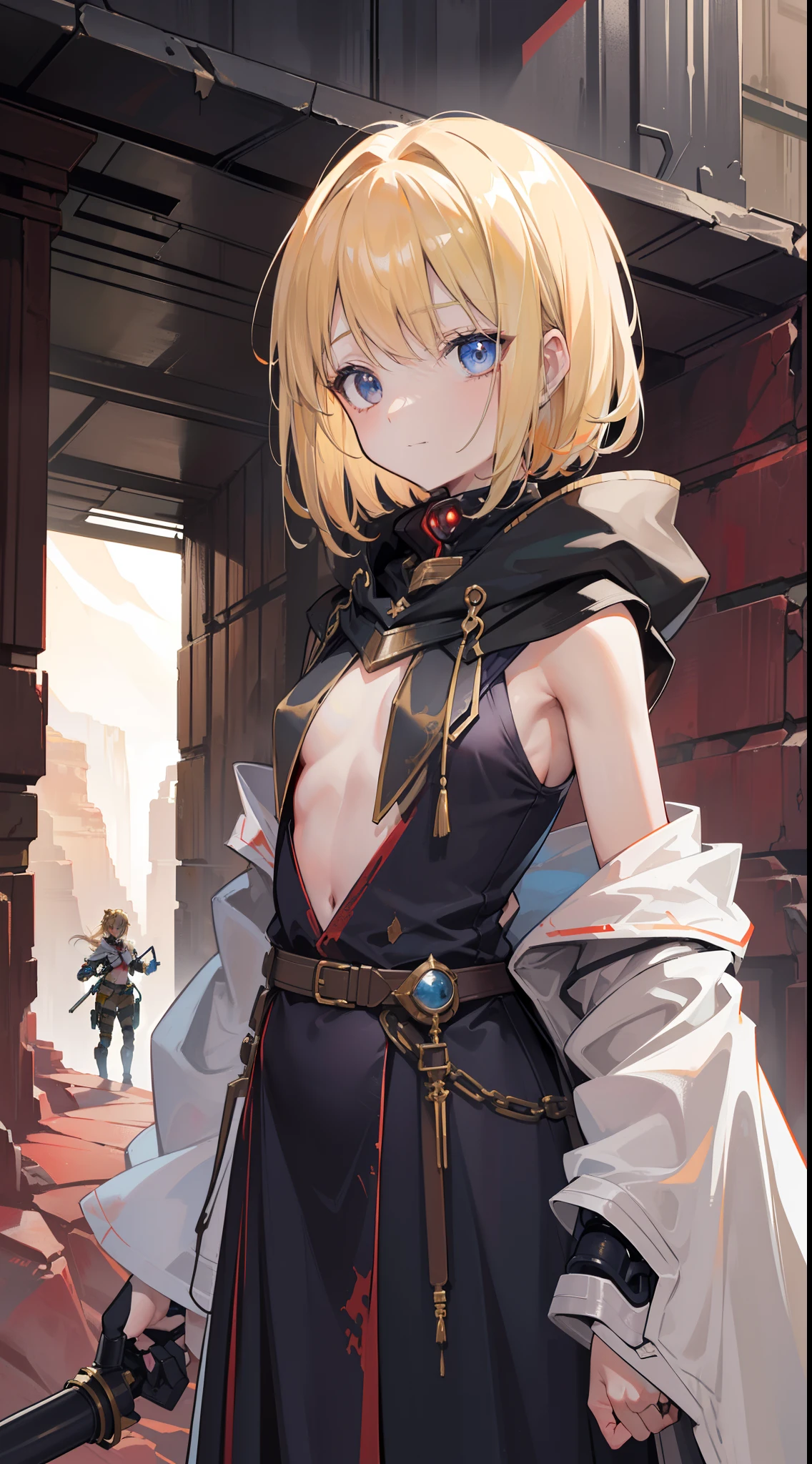 Short light blonde hair,ssmile,Detailed, Shadower style, Masterpiece, Best quality, 1girll, Solo, Slim, school, indoor, , full bodyesbian, ((( A character in a post-apocalyptic world))), Personality engaged in housework, (((( Medium chest))), ((Beautiful simple anime eyes)), ( The most horrible face)), ( Wasteland is visible), ((Damaged clothes)), (( Cloak clothes),(( canyons, red rocks))) , Village ,(Sit aside), whole-length, ( Gloomy and realistic color correction))), ((A near-apocalyptic tank)),Mechanical prosthesis, Good anatomy, (((Little people in their careers)))