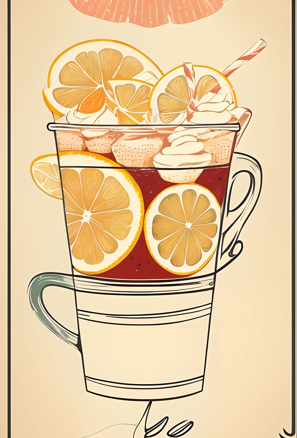 Sketch of a cup of coffee with lemon and cupcakes, lemonade, sketch illustratio, de kaethe butcher, line art illustration, Hand drawn illustrations, author:Margo Hough, vintage illustration, drinks, poster for'unlimited juice ', made with illustrator, faded drawing, author:Jeka Kemp, outlined art, drawn image, Commercial illustration, Illustrations, drink, retro line art