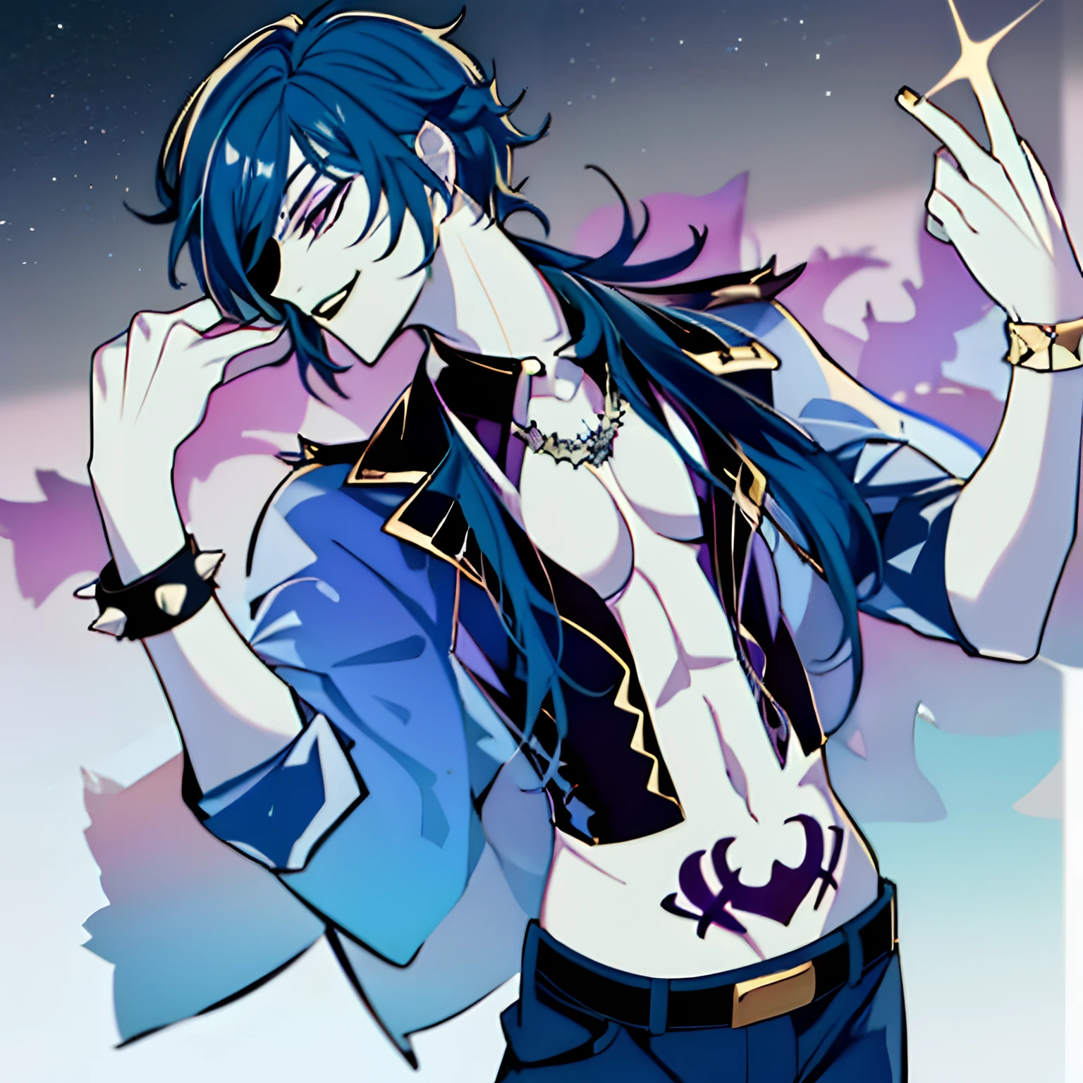 (RockOfSuccubus), (male:1.4),Midriff, belt, pants, (tattoo:1.1), pubic tattoo,makeup, (colored skin:1.3), (lips), (black lips:1.3),(lipstick), (pale skin:1.5),cross-laced clothes, (spiked bracelet), necklace, ((long blue Hair, ponytail)), Kaeya, grin, Eyepatch,((no breasts:1.7)), punk Clothes