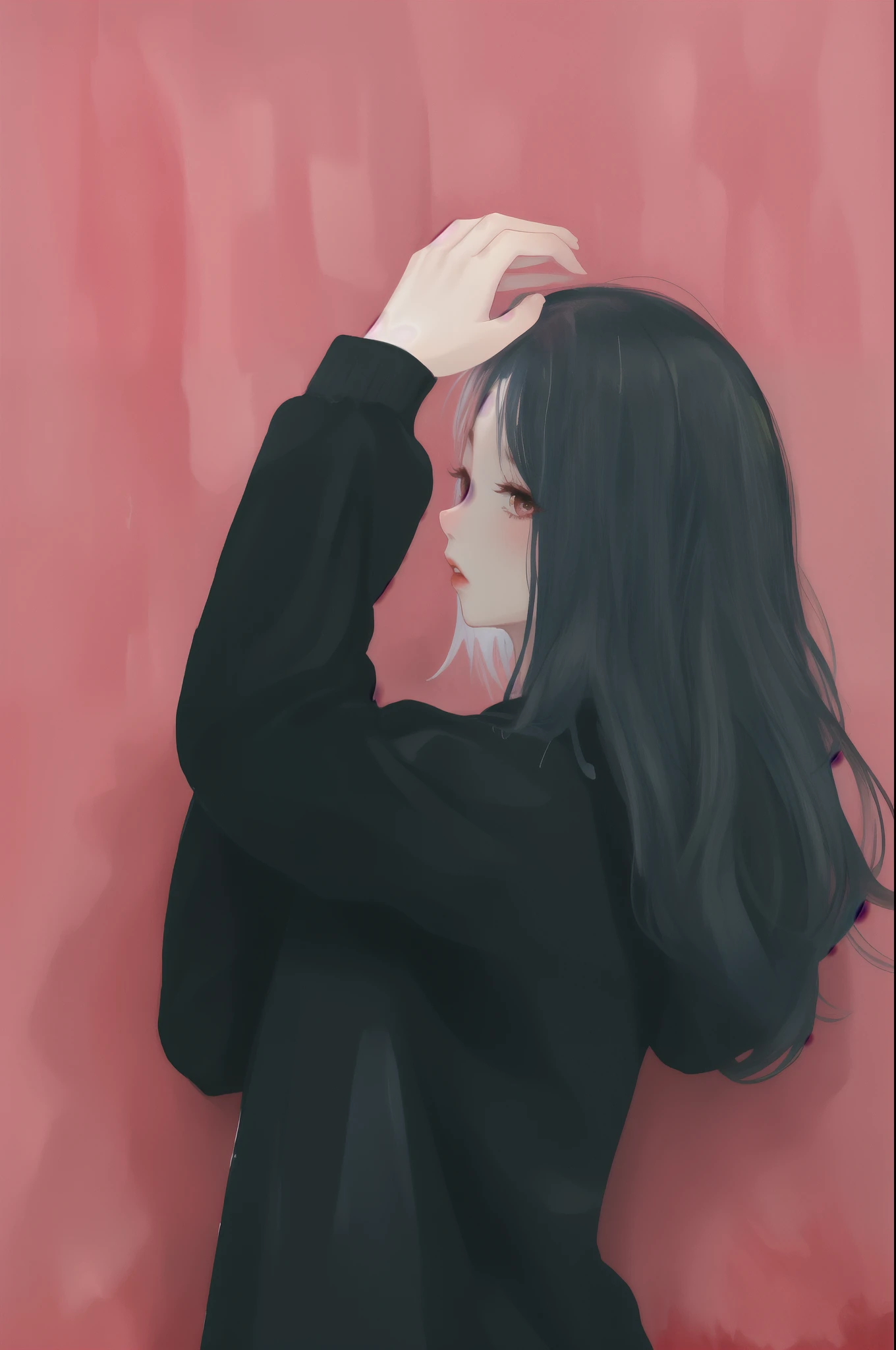 hyper HD,Photoquality,8K,A beautiful Chinese girl,Stand sideways in front of the red wall,cabelos preto e longos,Melon seed face,Big waves,largeeyes,black hoodie,White skin of the,lips in red,Colorful watercolor style