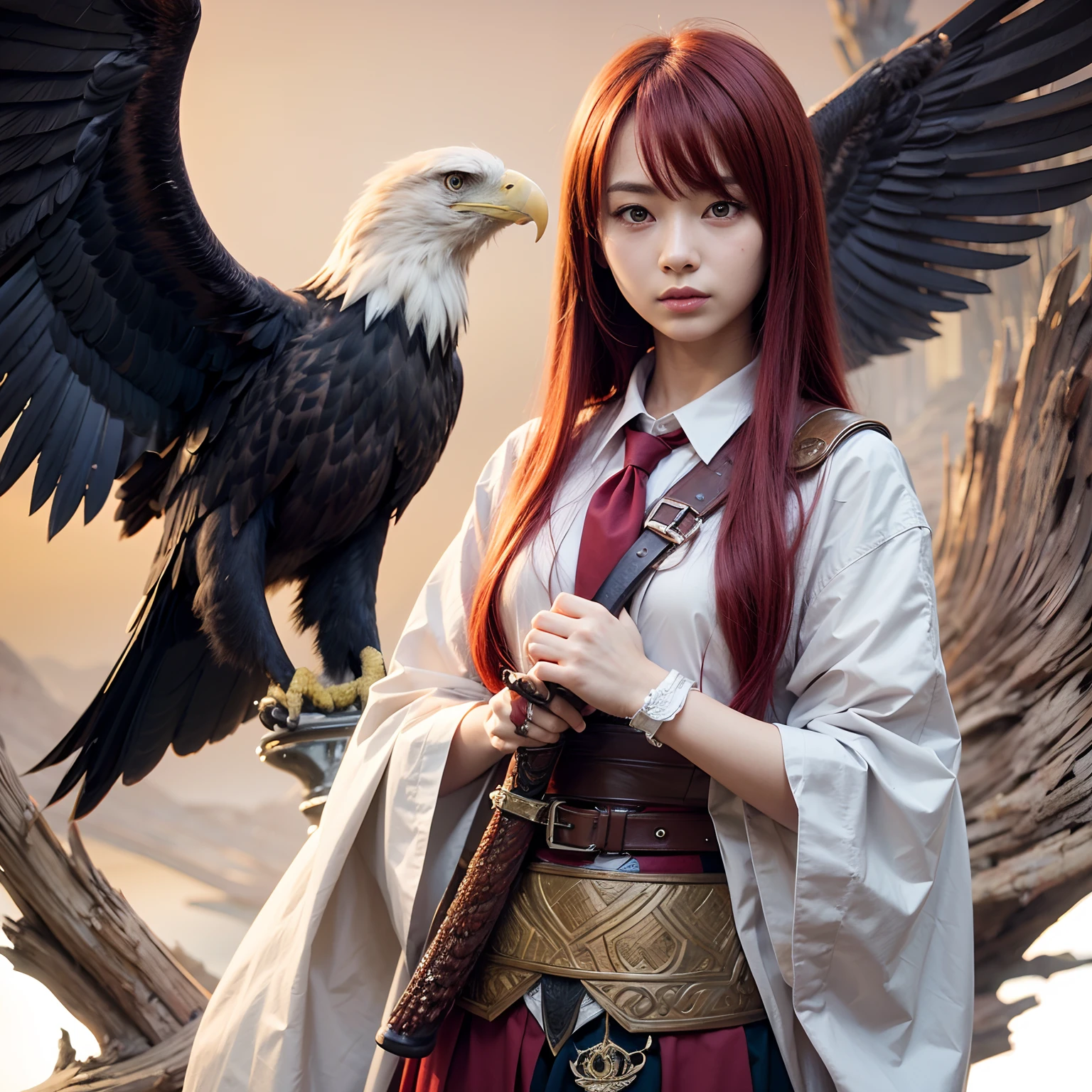 anime girl with long red hair, eagle on her right side ,sword in hand