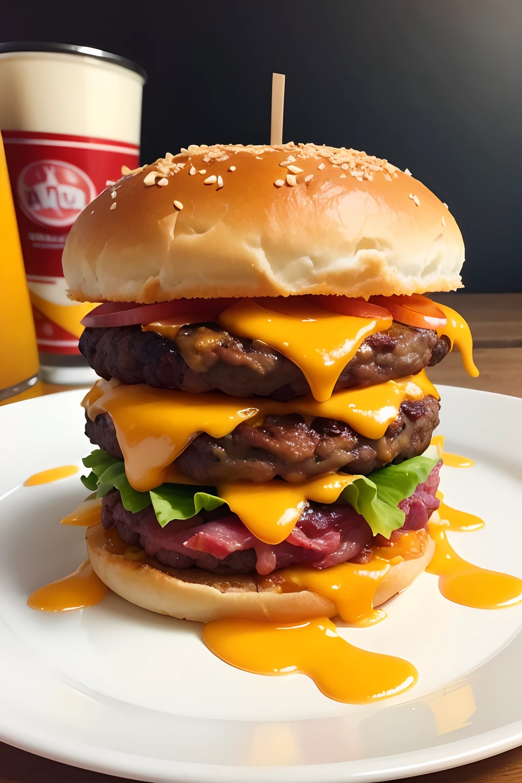 a delicious triple beef burger with bacon and yellow cheese, com um papel acoplado com logo da hamburgueria acompanhado de um copo de suco de laranja