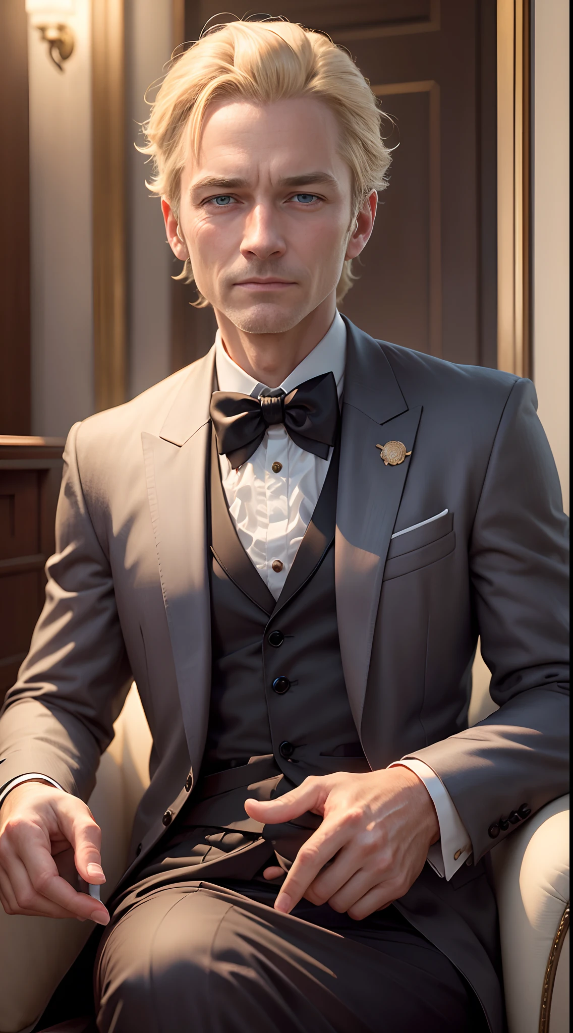 High detail, hentail realism,Middle-aged man with blonde hair,eBlue eyes,wearing a formal dress,bust,The expression is relaxed and natural,Facial details are clear,Highly recognizable,globalillumination, Environmental occlusion
