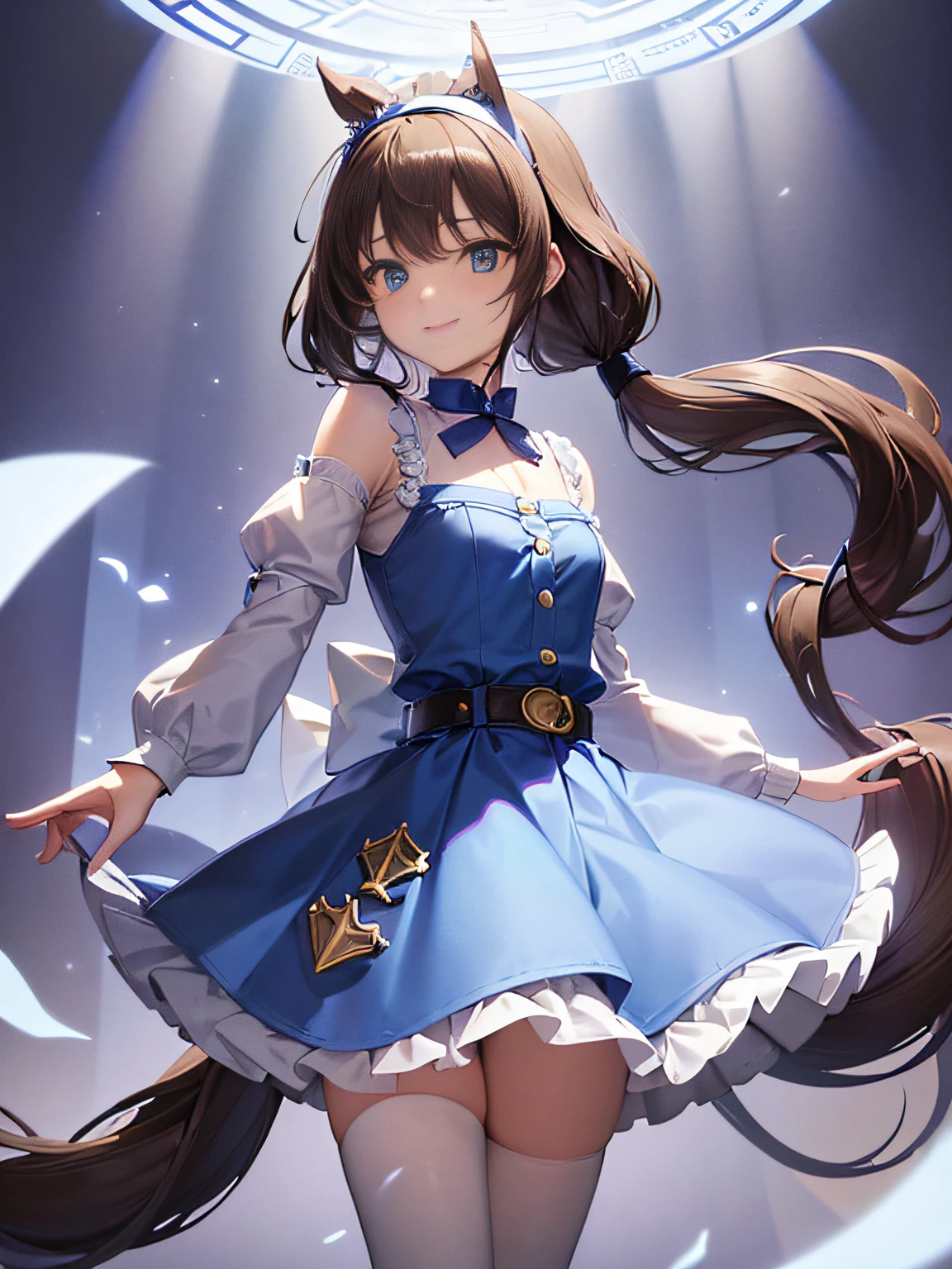 top-quality、extremely delicate and beautiful、Teen Girls、small tits、((((Solo Girl))))、11years old  girl、(dark brown hair)、（Blue clothes with vertical buttons）、Belt at waist、White skirt、(((poneyTail)))、(white hairband)、(Brown boots)、blue eyess、Facing the front、is standing、A smile、