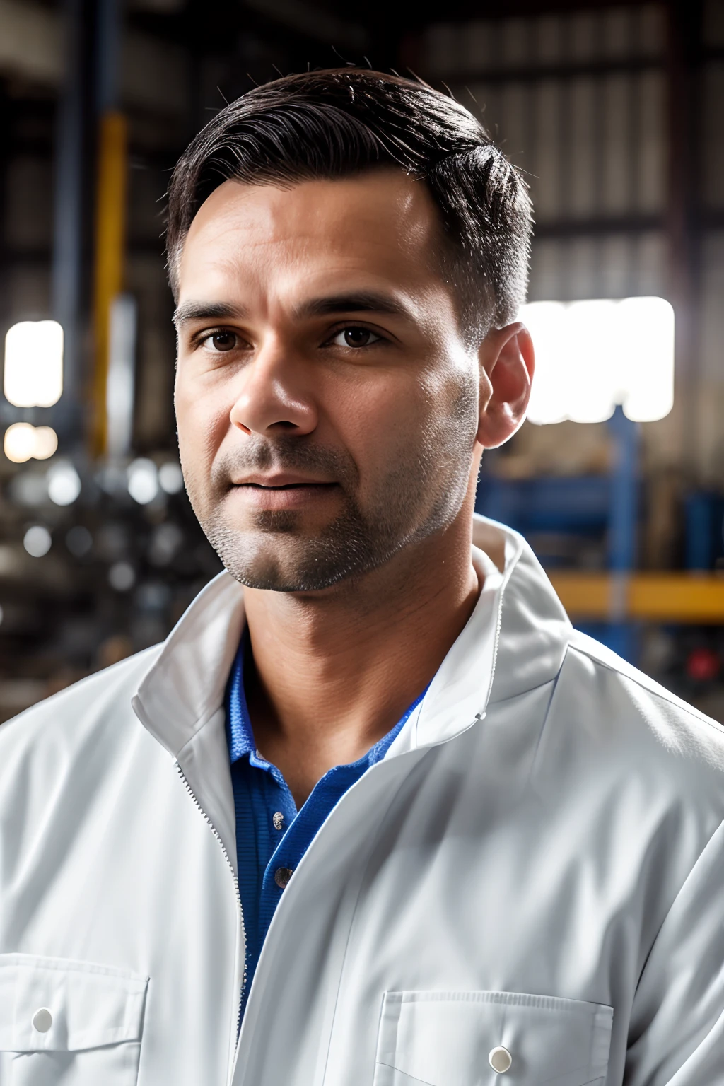 maintenance engineer, 40s, wearing white coat, half body standing, in workshop, detailed face, no beard, front view, depth of field