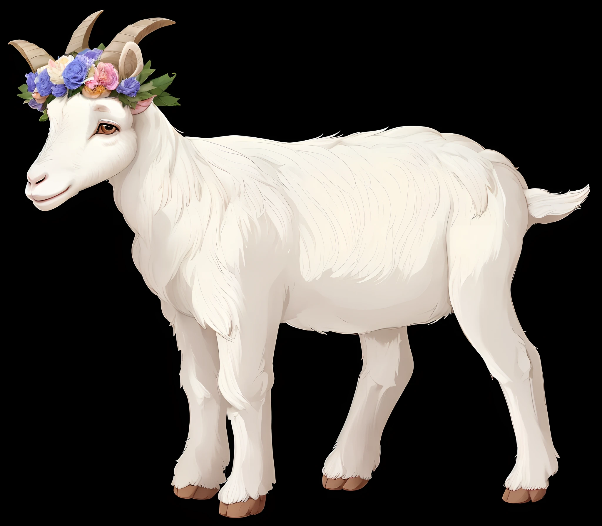 There is a goat with a flower crown on its head, corolla,cartoonish style,Animate