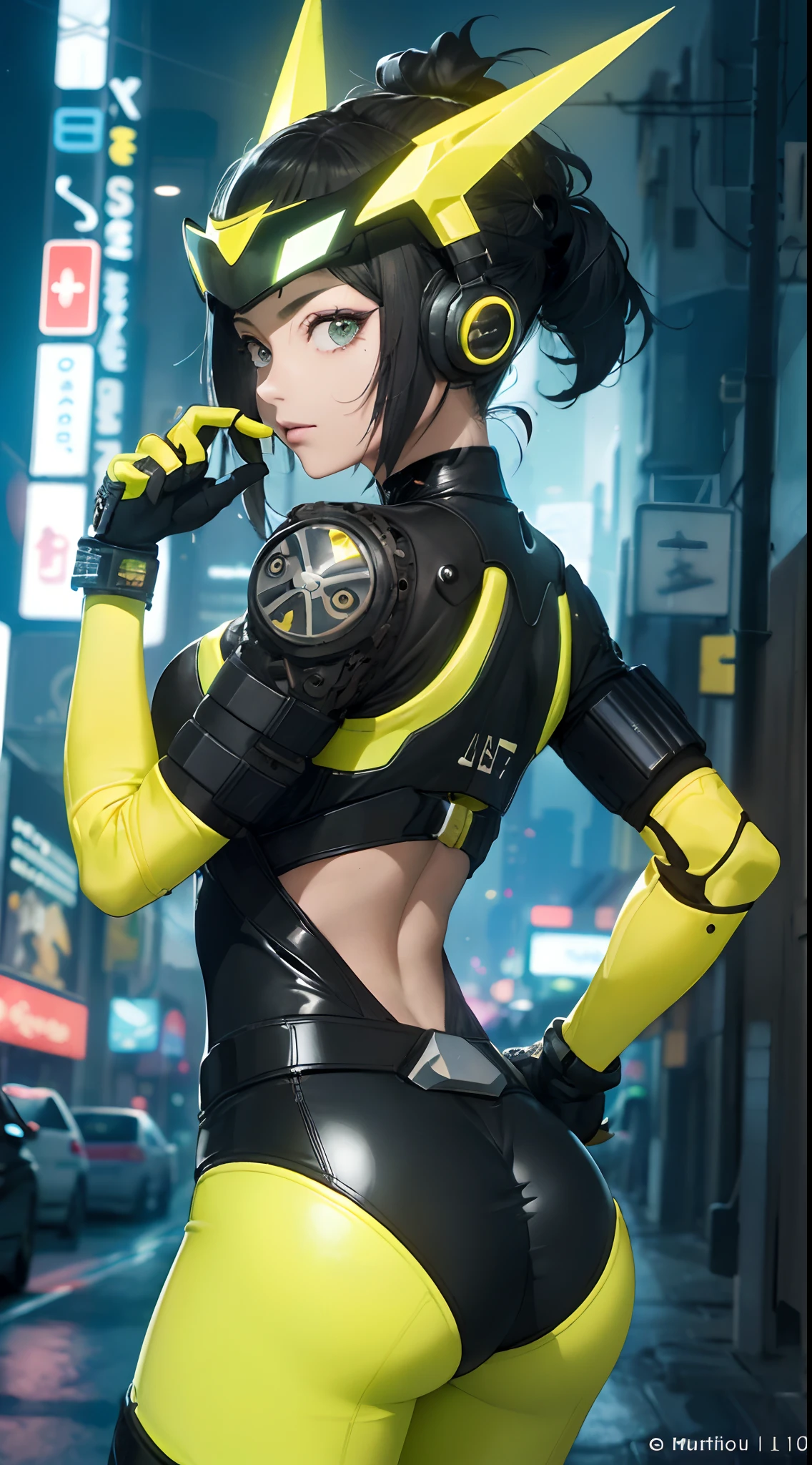 highest qualityr))、((obra maestra)、cyberpunked、large buttockss、arrodillarse、Electronic visor attached to the face of a -yeld giwith emphasis on the buttocks、Red latex body,Moda cyberpunk、Pose sexy、(Usar polainas amarillas en la parte inferior del cuerpo、(cabello amarillo:1.4),Agrandamiento de los senos、Neon lights in the dark city at night,motor irreal:1.4,UHD,La mejor calidad:1.4, fotorrealista:1.4, textura de la piel:1.4, obra maestra:1.8,obra-prima, mejor calidad,(Beautiful and detailed eye description)