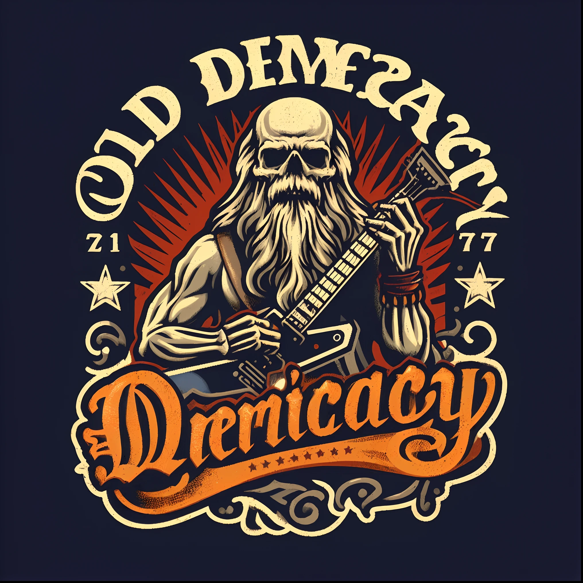 um close up de uma pessoa com uma guitarra e um sinal, design de tshirt de metal pesado, skull design for a rock band, estilo de arte heavy metal, Gigachade velho com barba cinzenta, Directed by: László Dombrovszky, colorful illustration for tattoo, Directed by: Adam St. Peter's, extremely high quality artwork, Directed by: Tomasz Jedruszek
